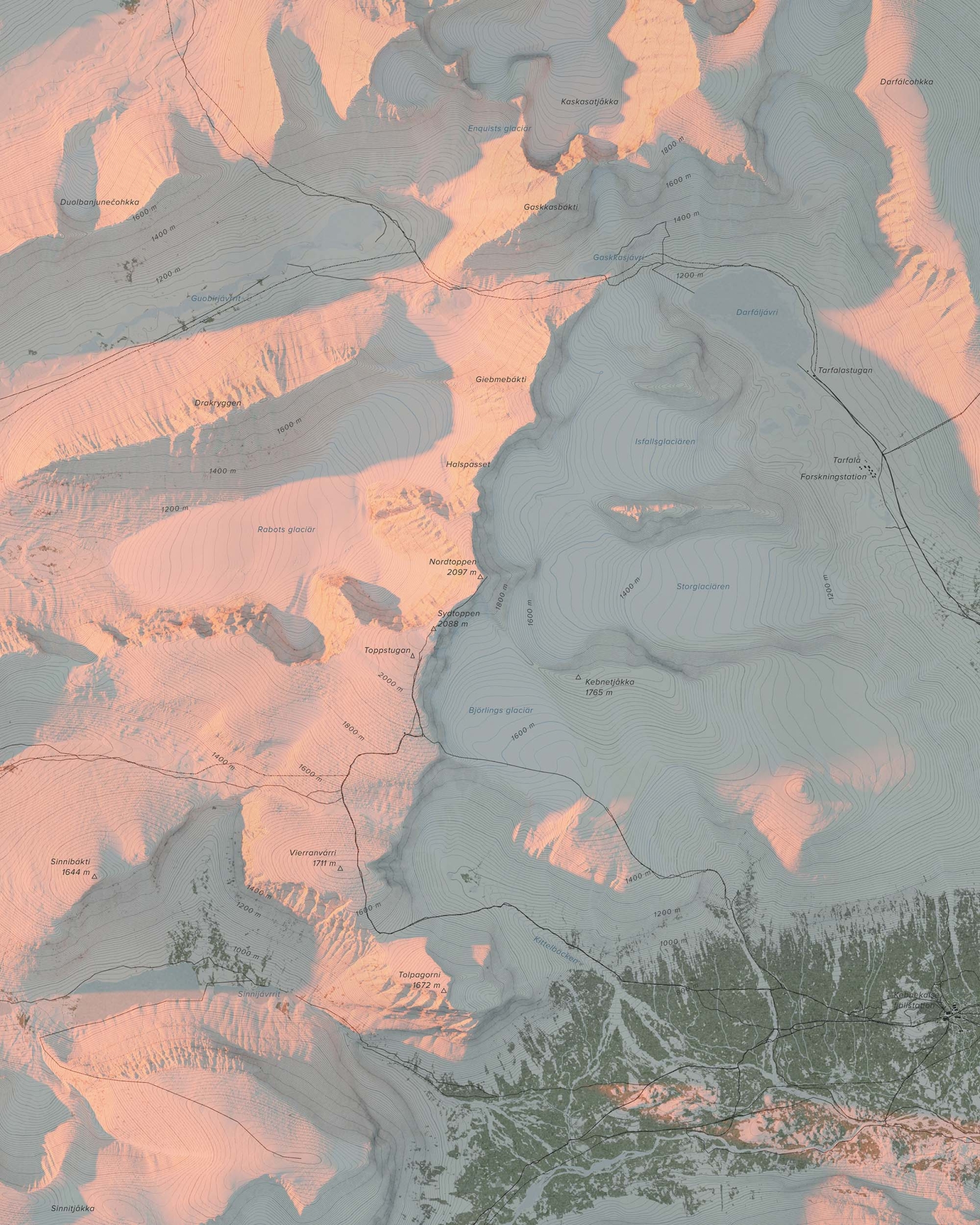 Topografisk fjällkarta över Kebnekaise i kvällsljus, detaljbild