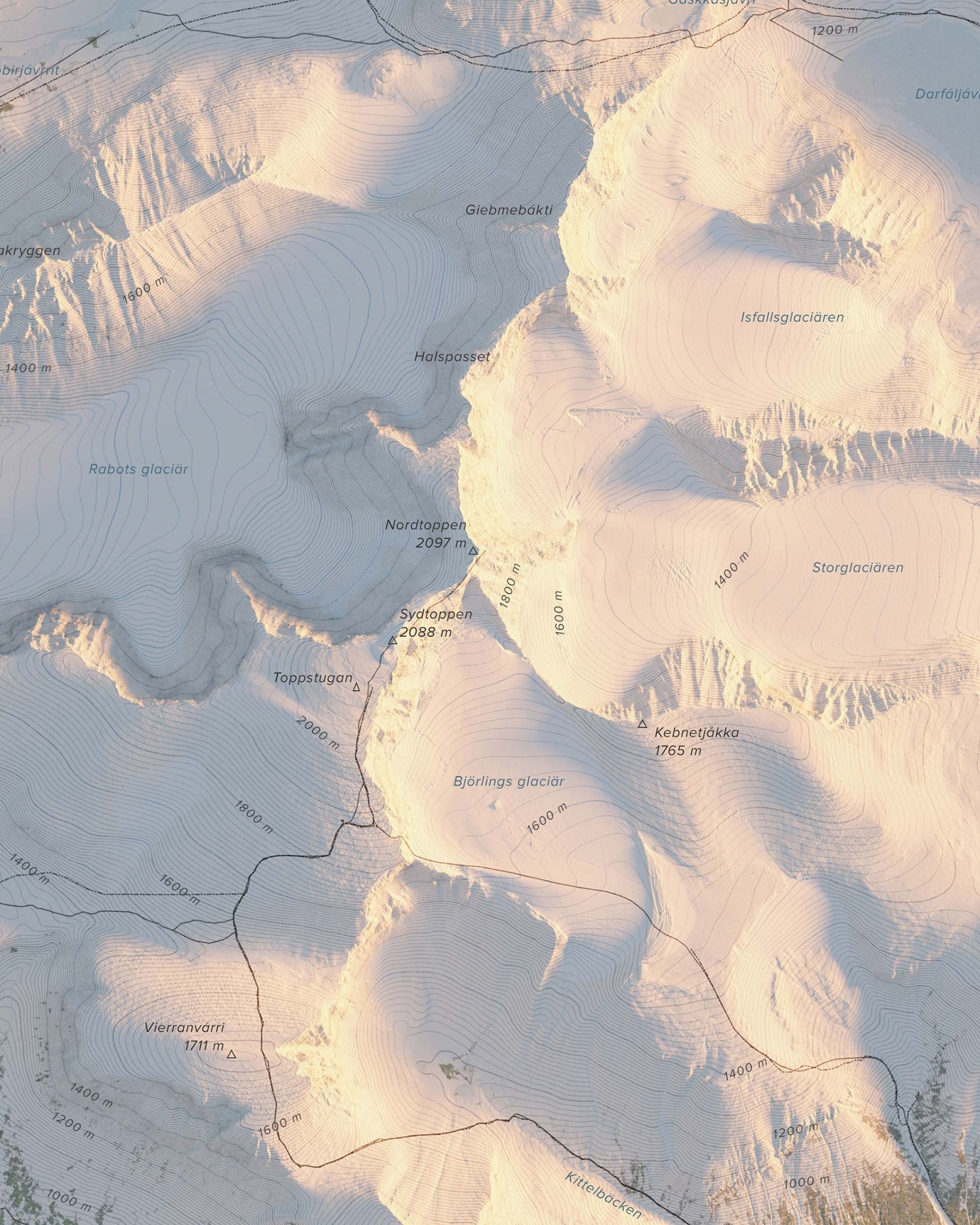 Topografisk fjällkarta över Kebnekaise i morgonljus, detaljbild