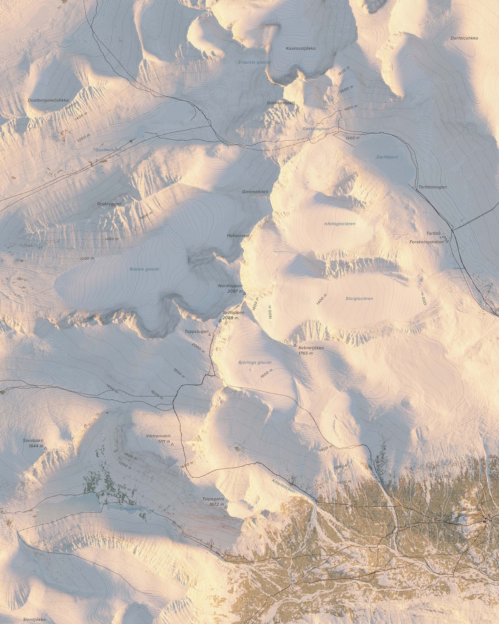 Topografisk fjällkarta över Kebnekaise i morgonljus, detaljbild