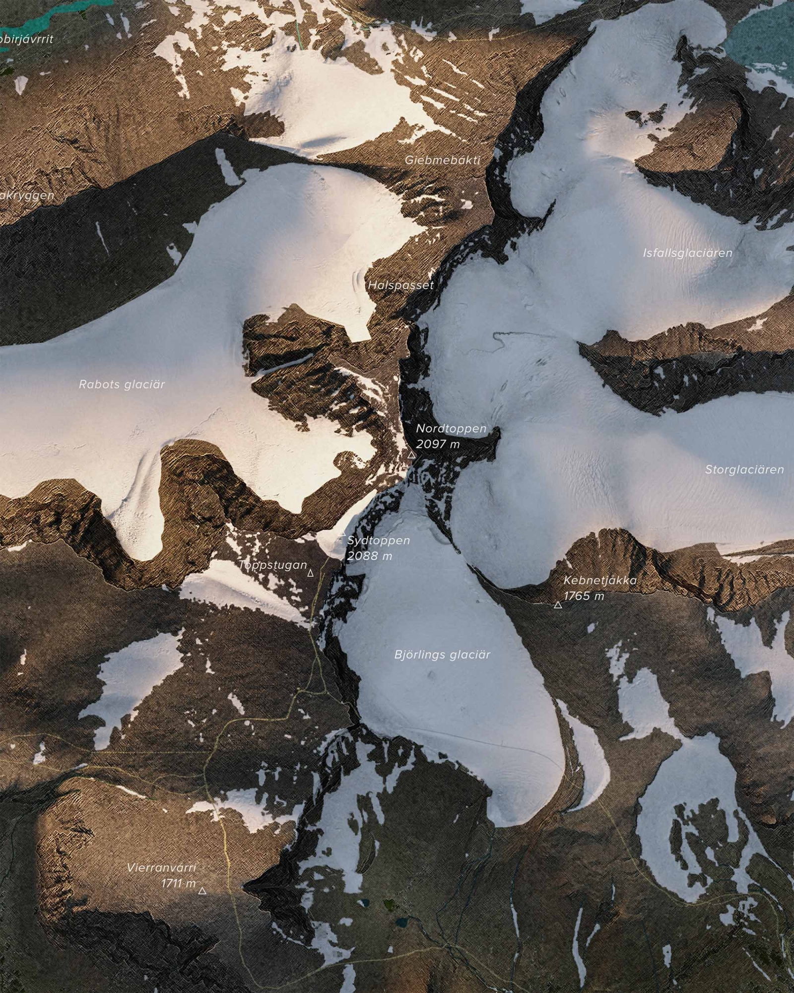 Topografisk karta över Kebnekaise i dagsljus, detaljbild