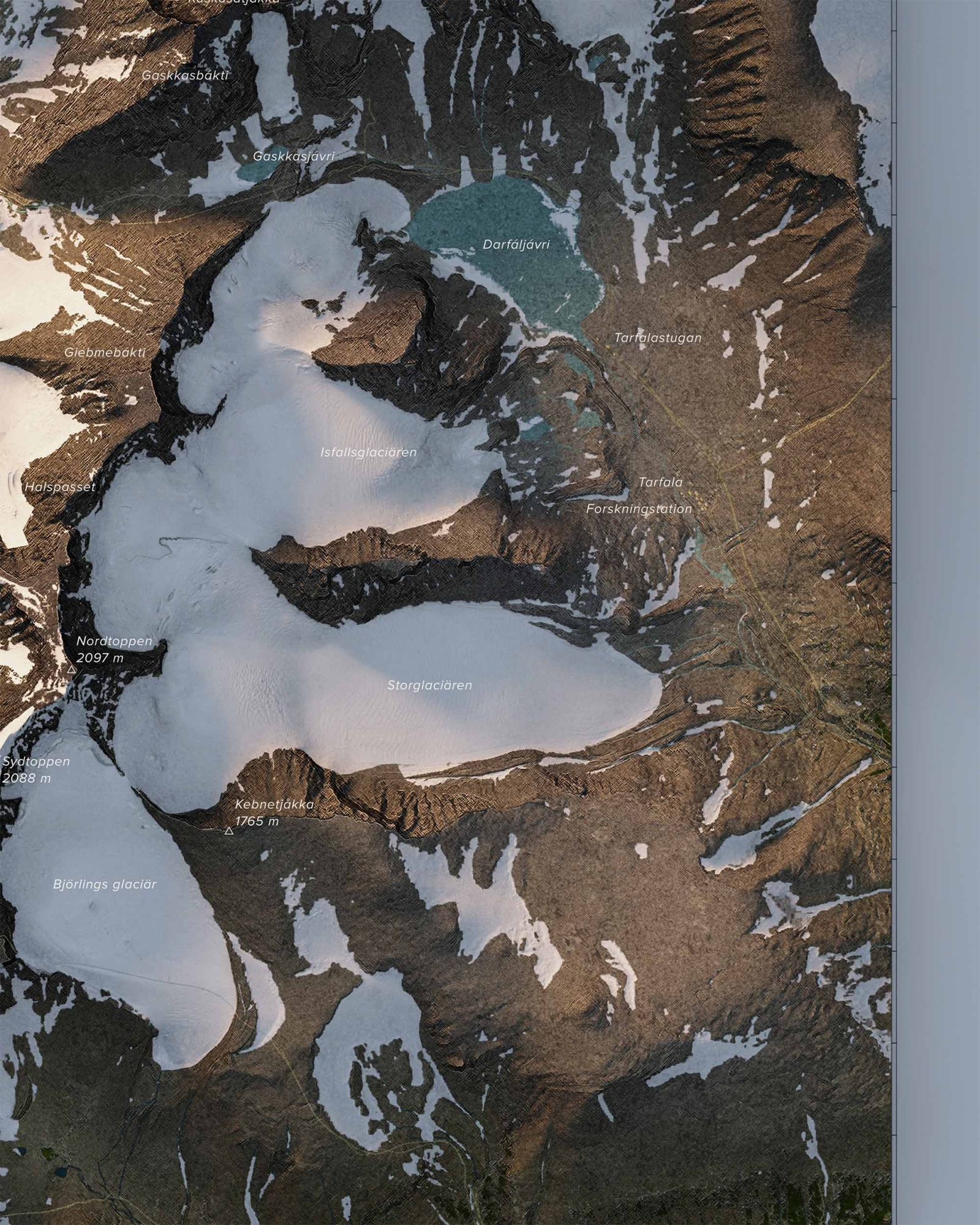 Topografisk karta över Kebnekaise i dagsljus, detaljbild