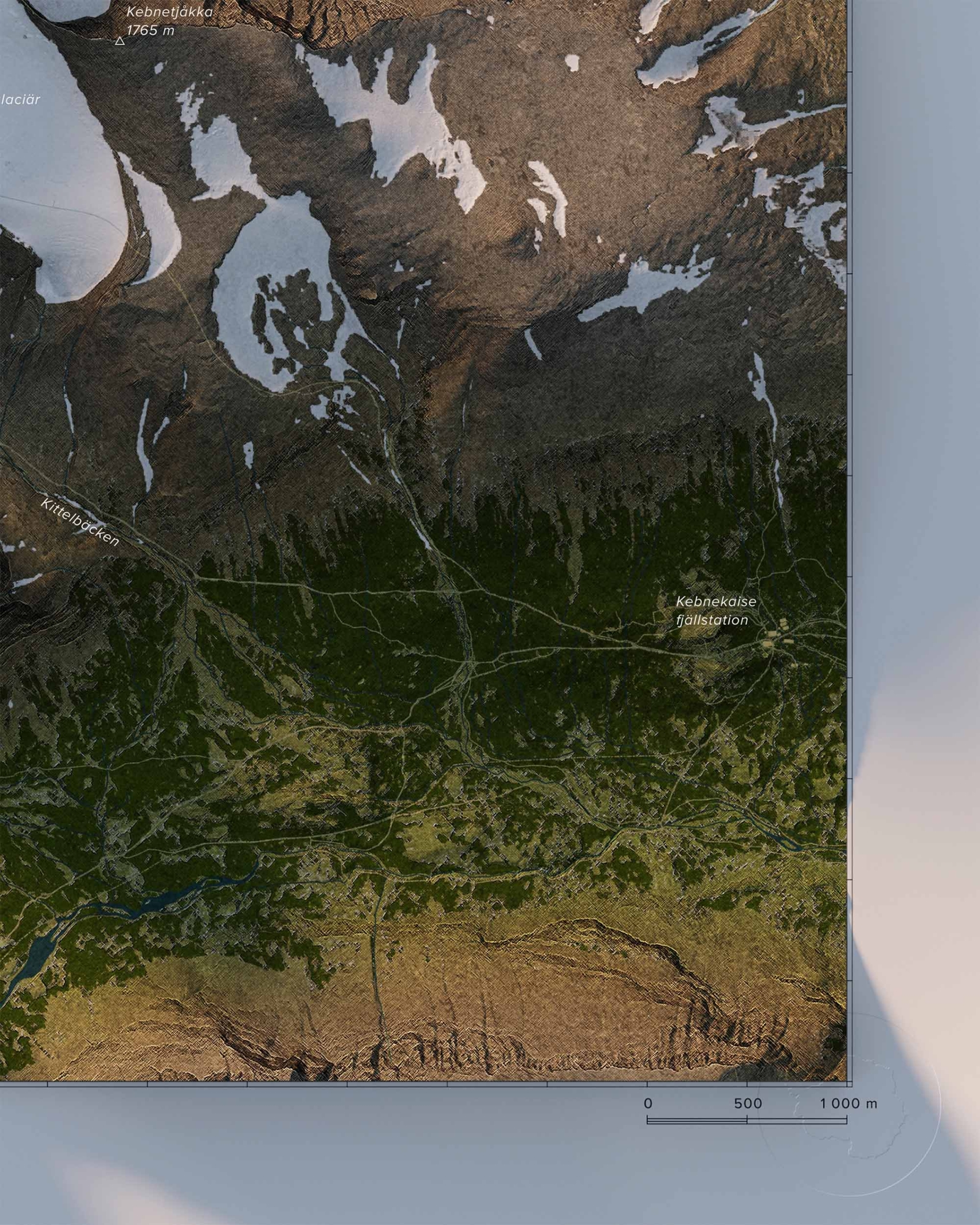 Topografisk karta över Kebnekaise i dagsljus, detaljbild