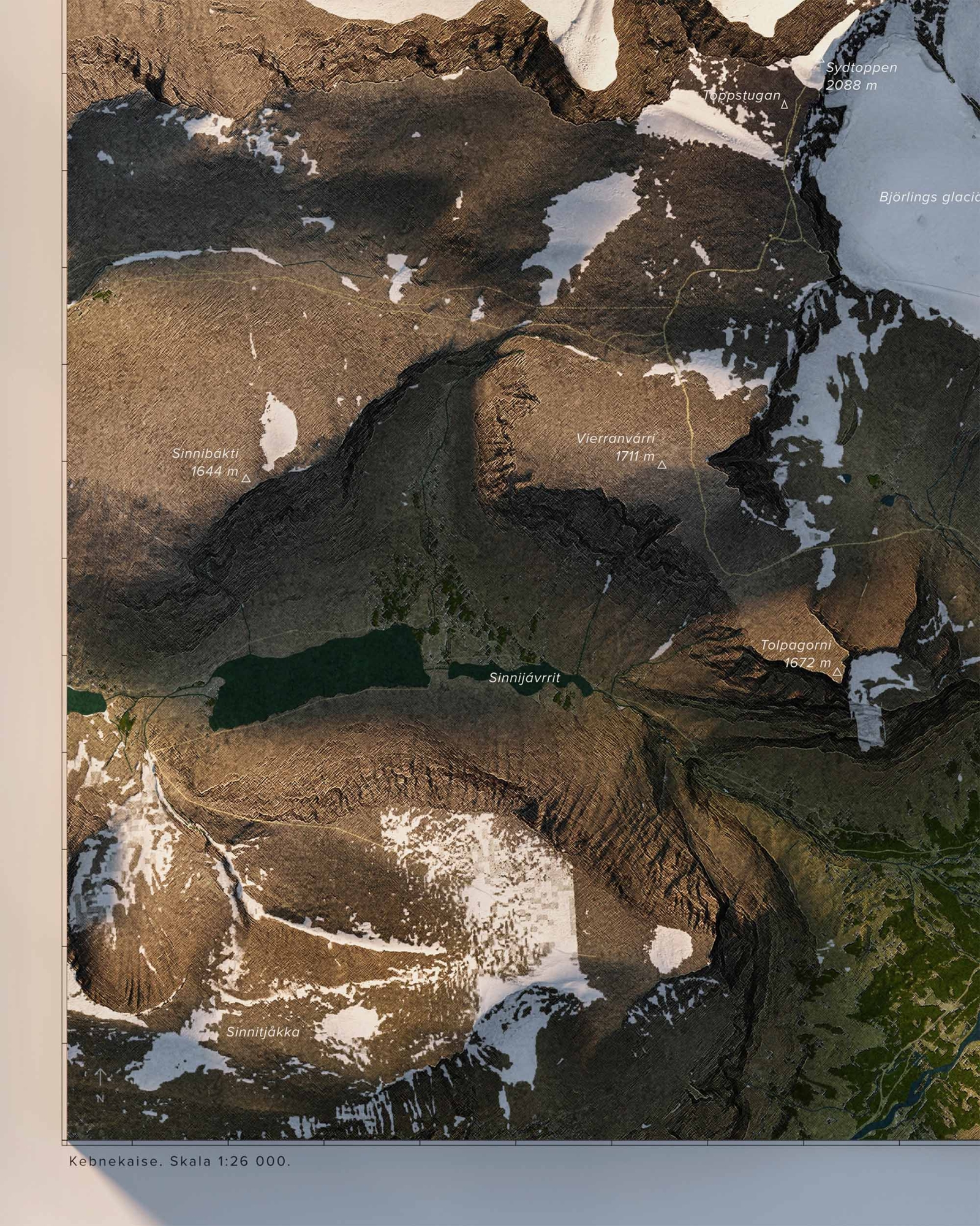 Topografisk karta över Kebnekaise i dagsljus, detaljbild