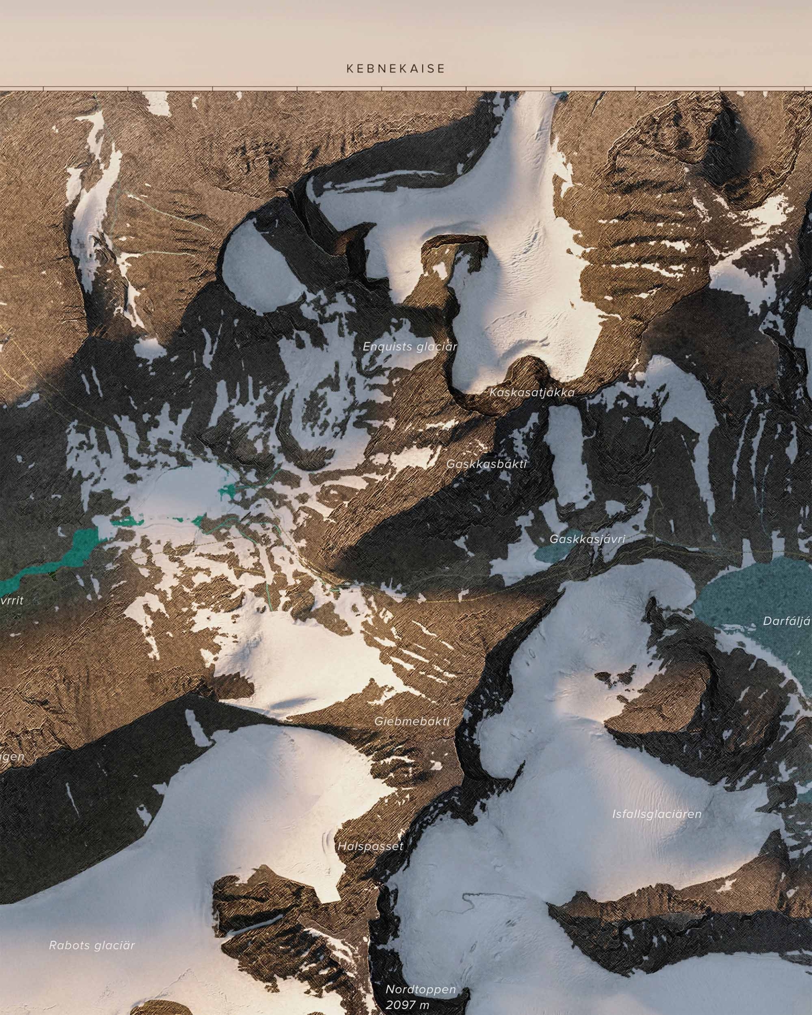 Topografisk karta över Kebnekaise i dagsljus, detaljbild