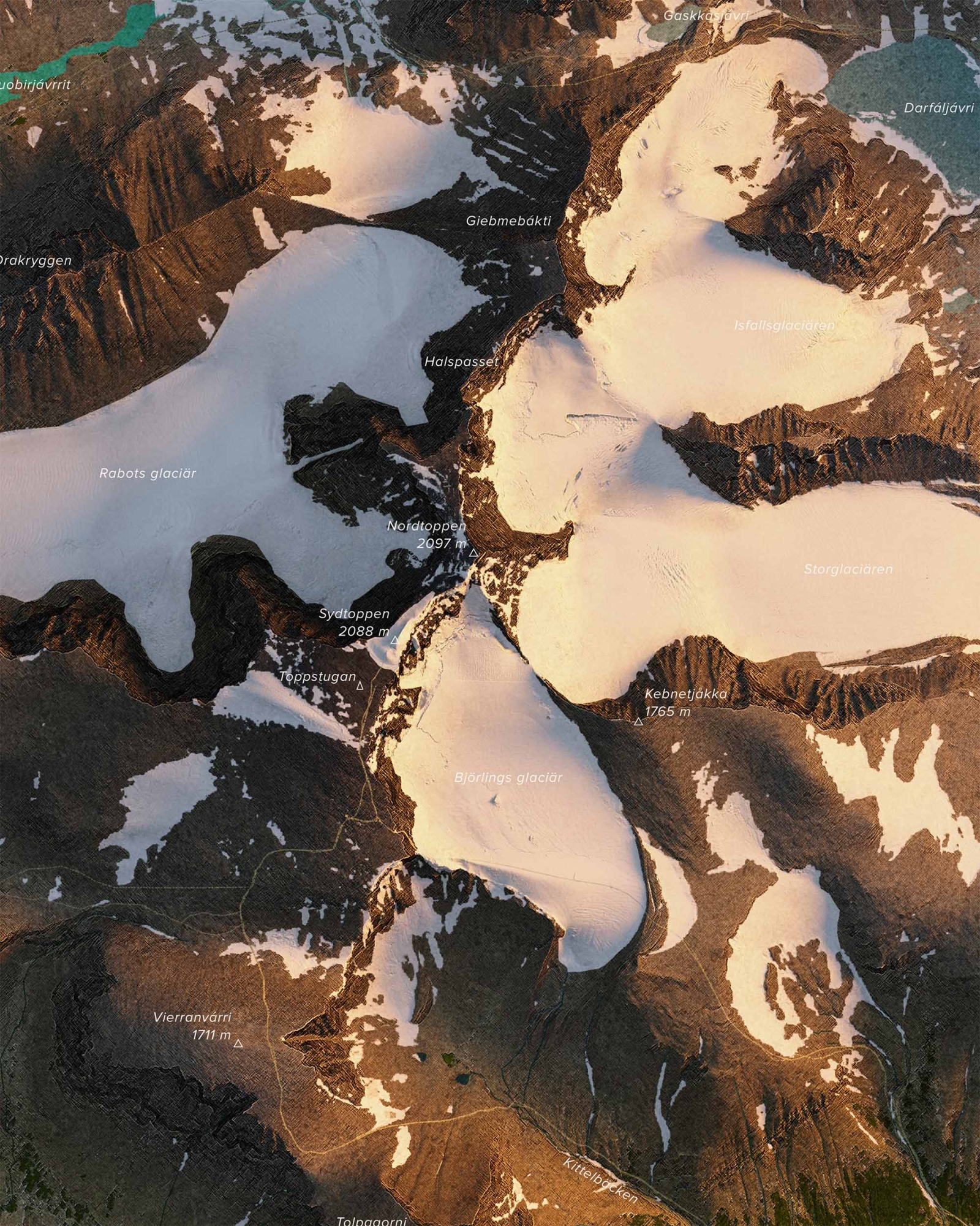 Topografisk karta över Kebnekaise i morgonljus, detaljbild