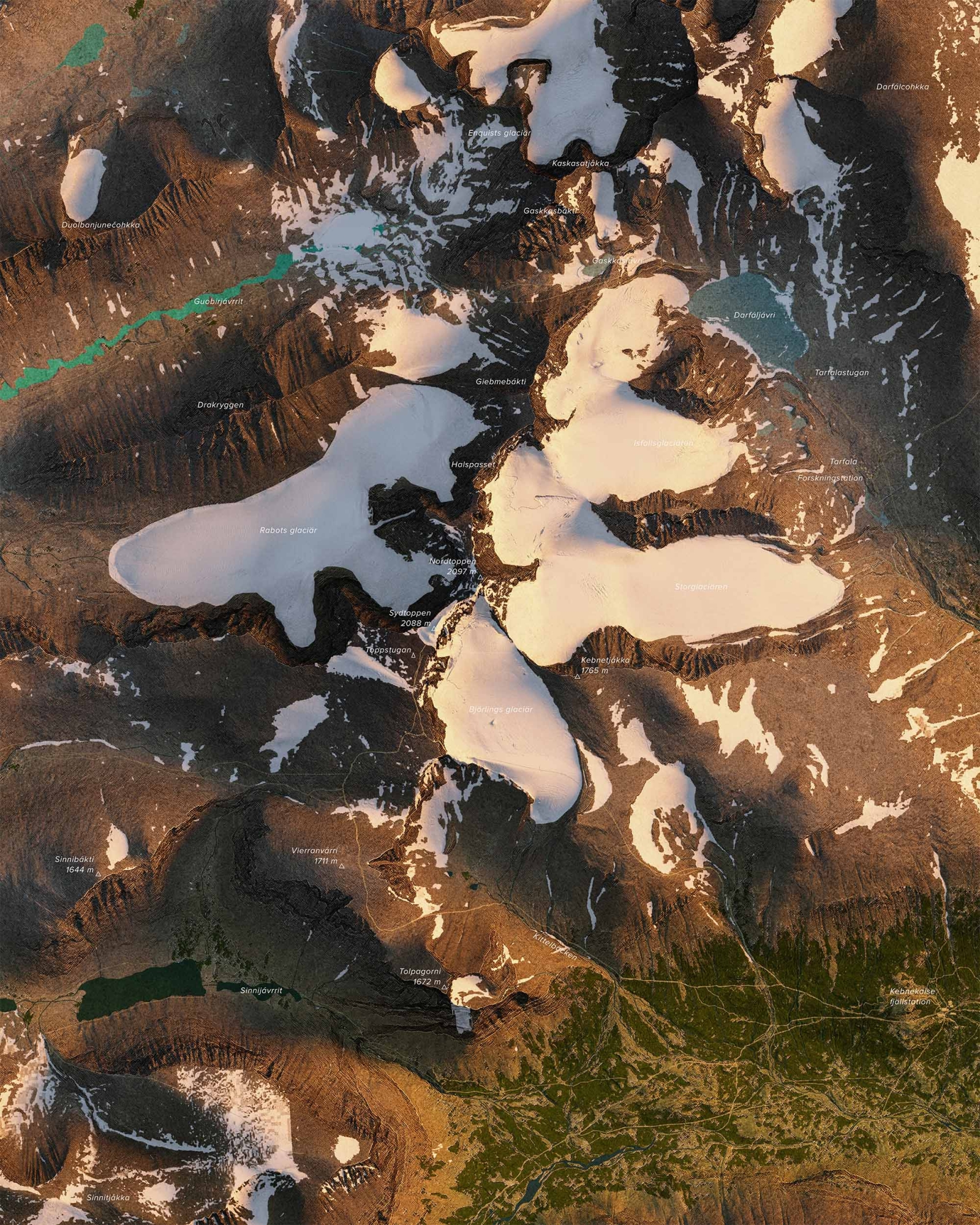 Topografisk karta över Kebnekaise i morgonljus, detaljbild