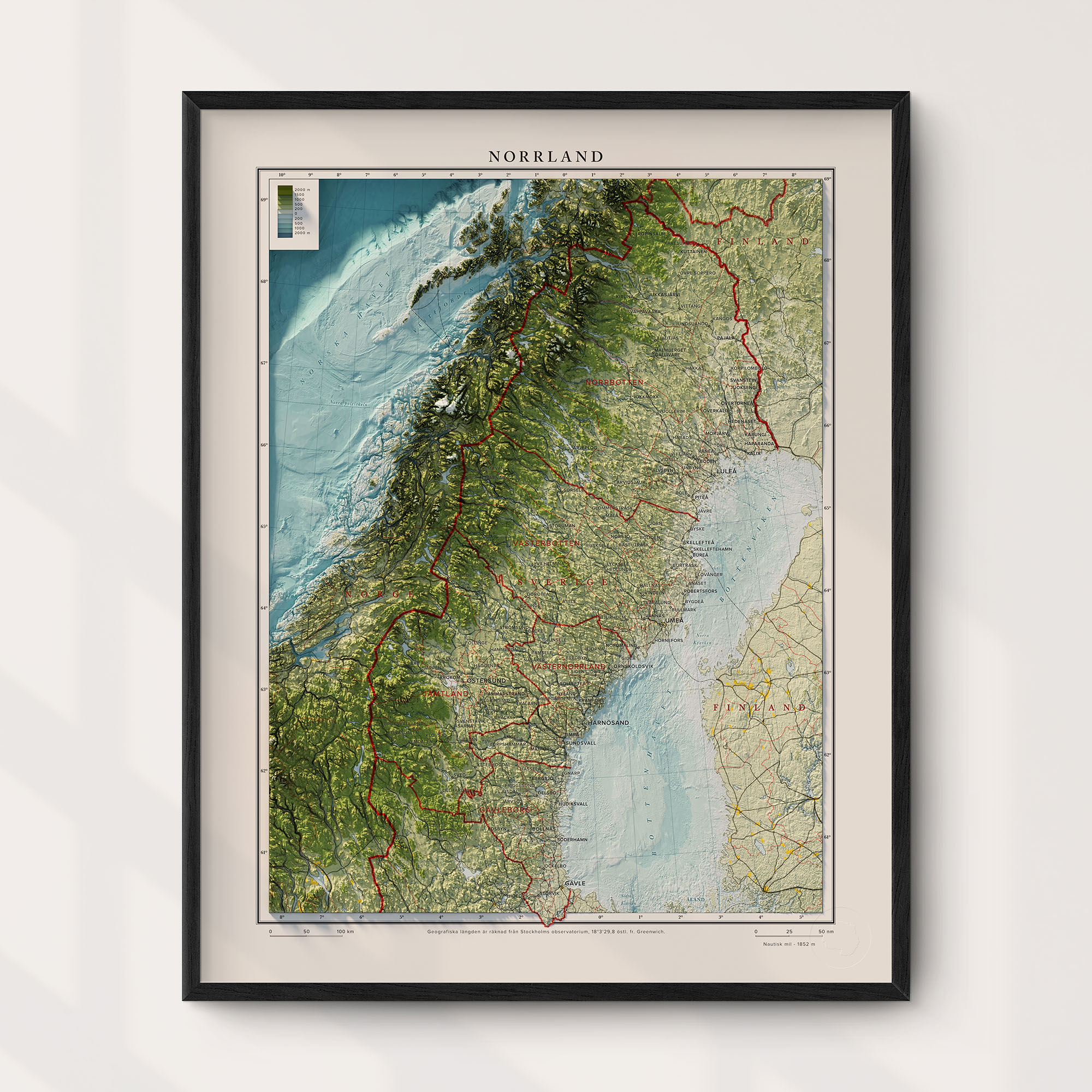 Topografisk karta över Norrland i dagsljus