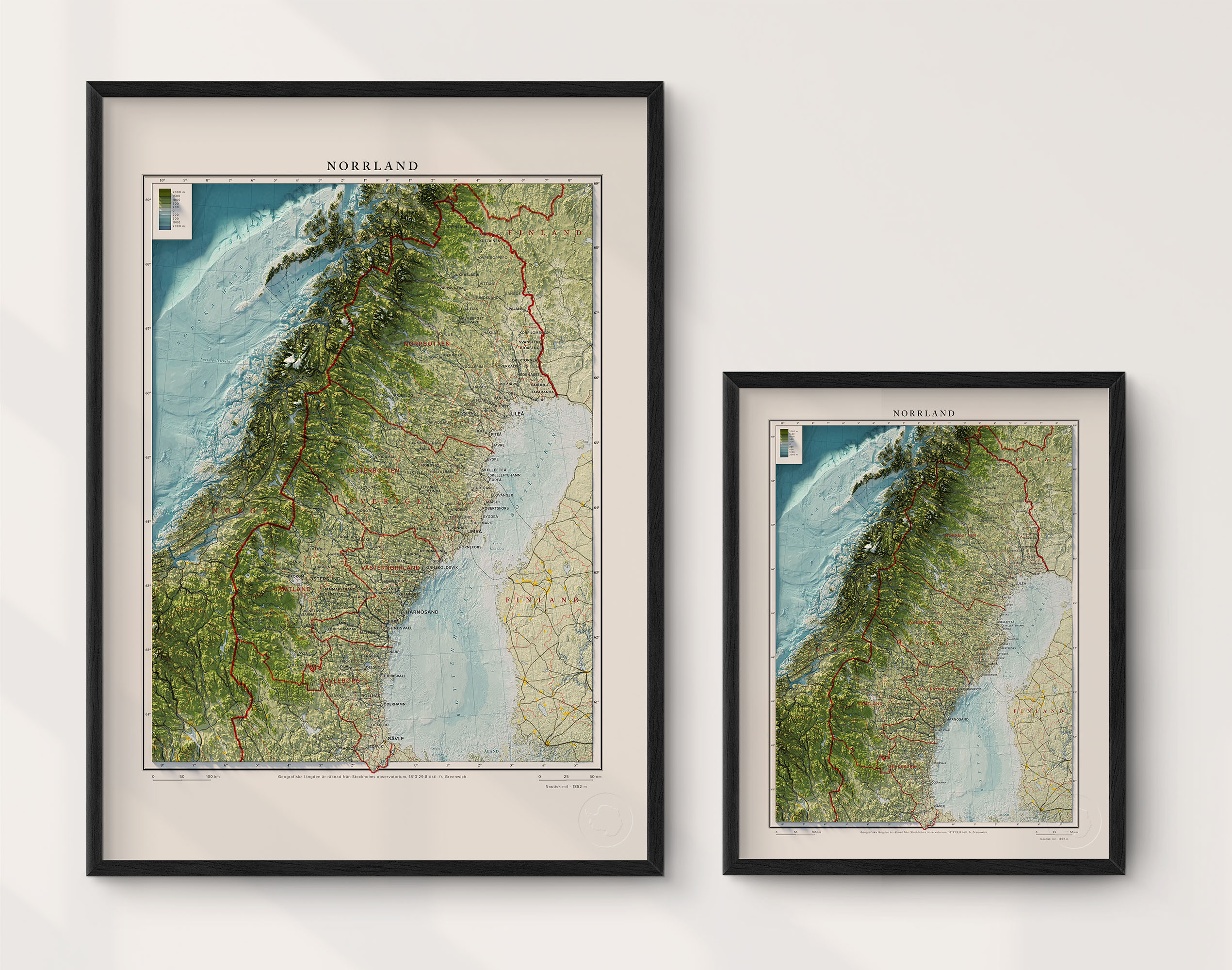 Norrland topografisk karta, inramad