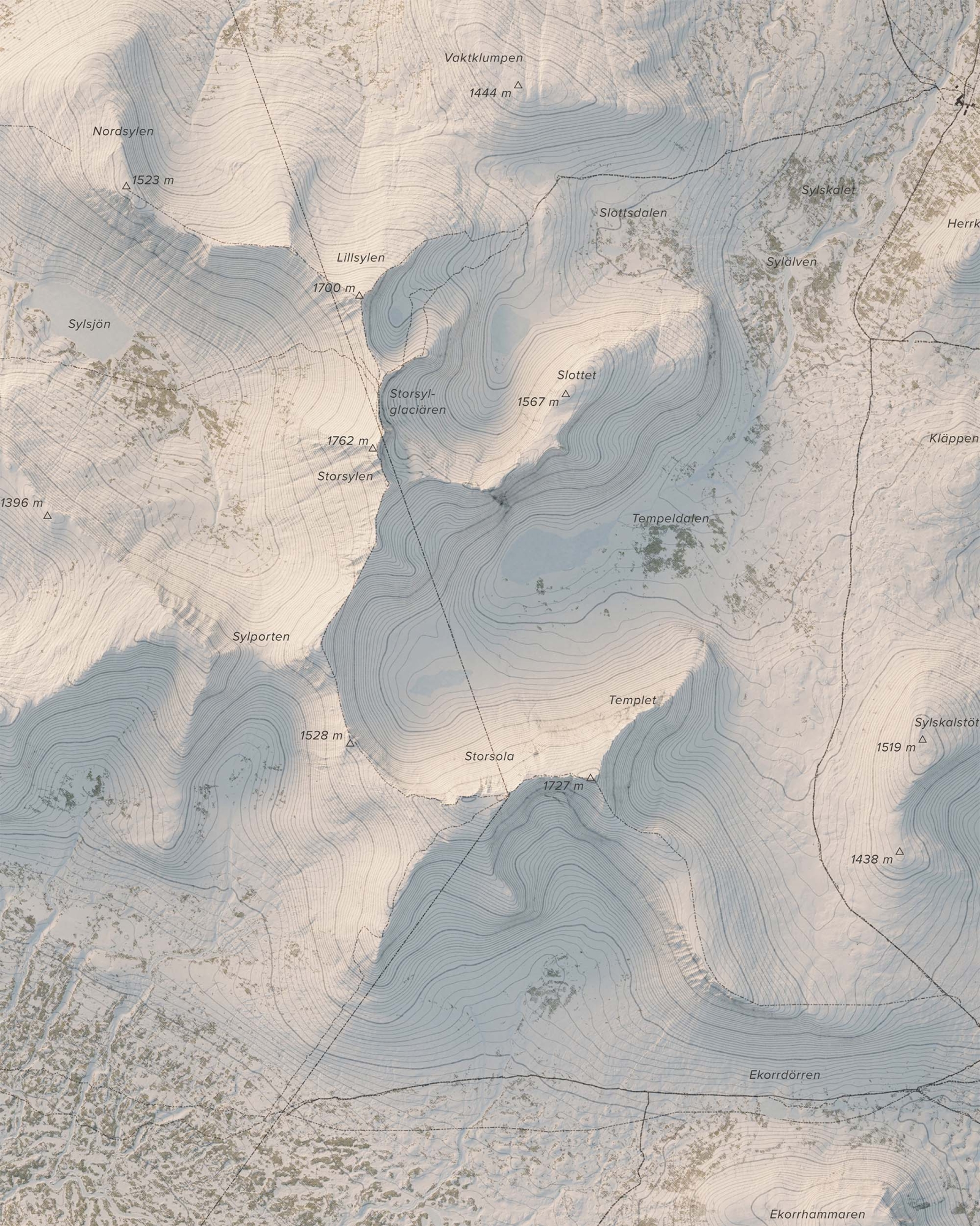 Topografisk fjällkarta över Sylarna i dagsljus, detaljbild