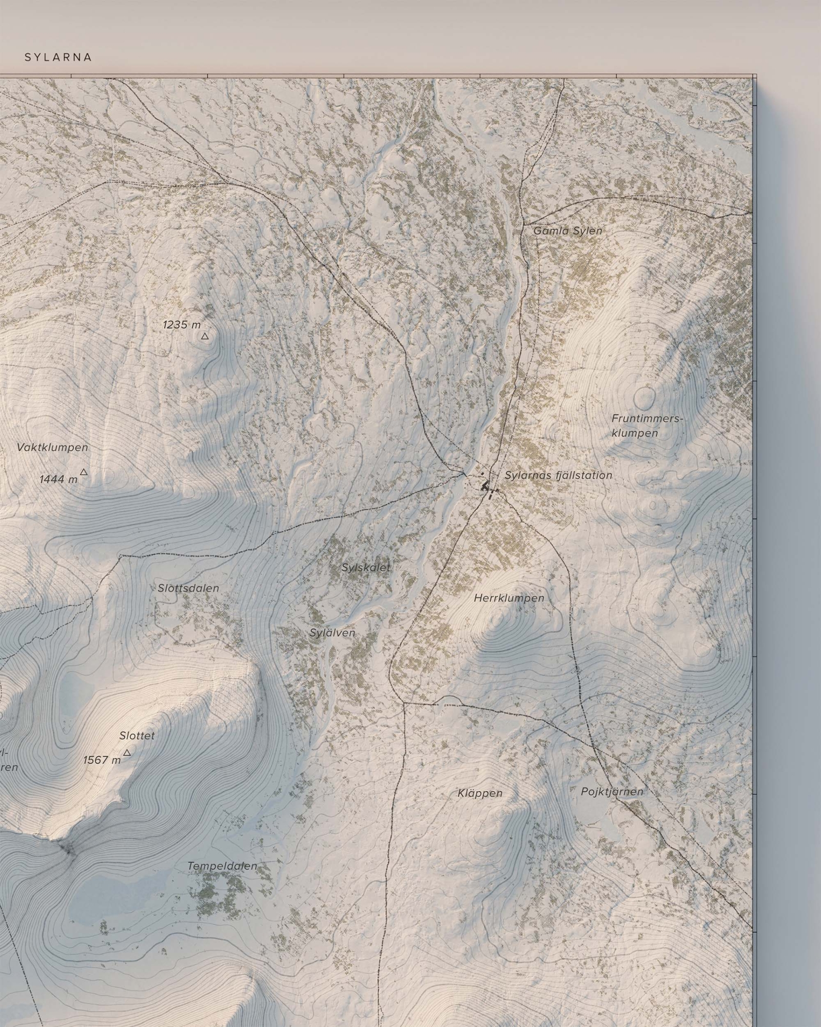 Topografisk fjällkarta över Sylarna i dagsljus, detaljbild