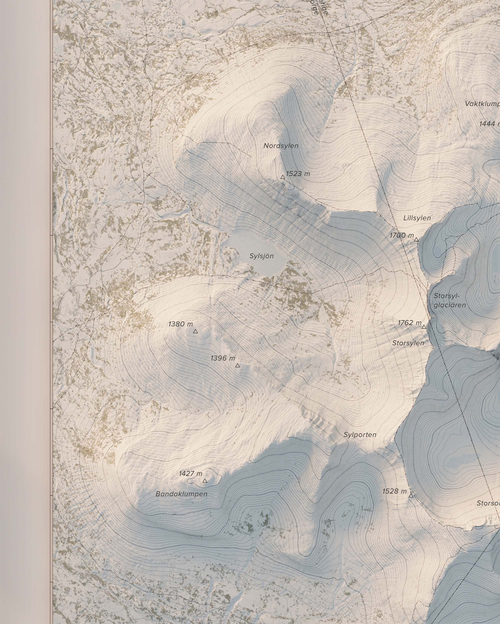 Topografisk fjällkarta över Sylarna i dagsljus, detaljbild
