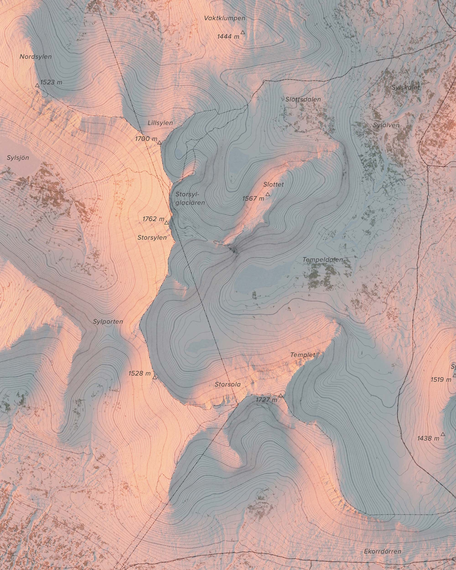 Topografisk fjällkarta över Sylarna i kvällsljus, detaljbild