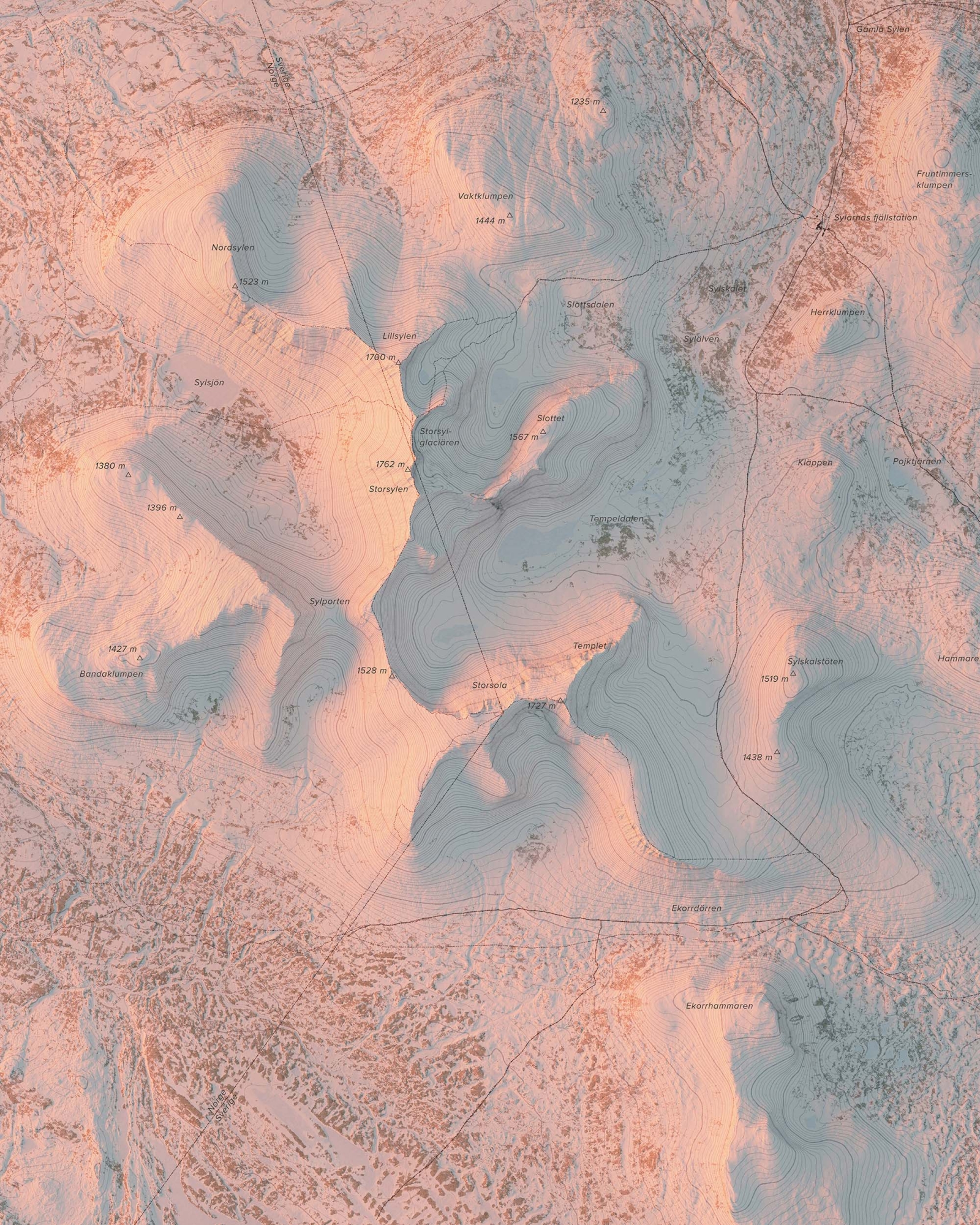 Topografisk fjällkarta över Sylarna i kvällsljus, detaljbild
