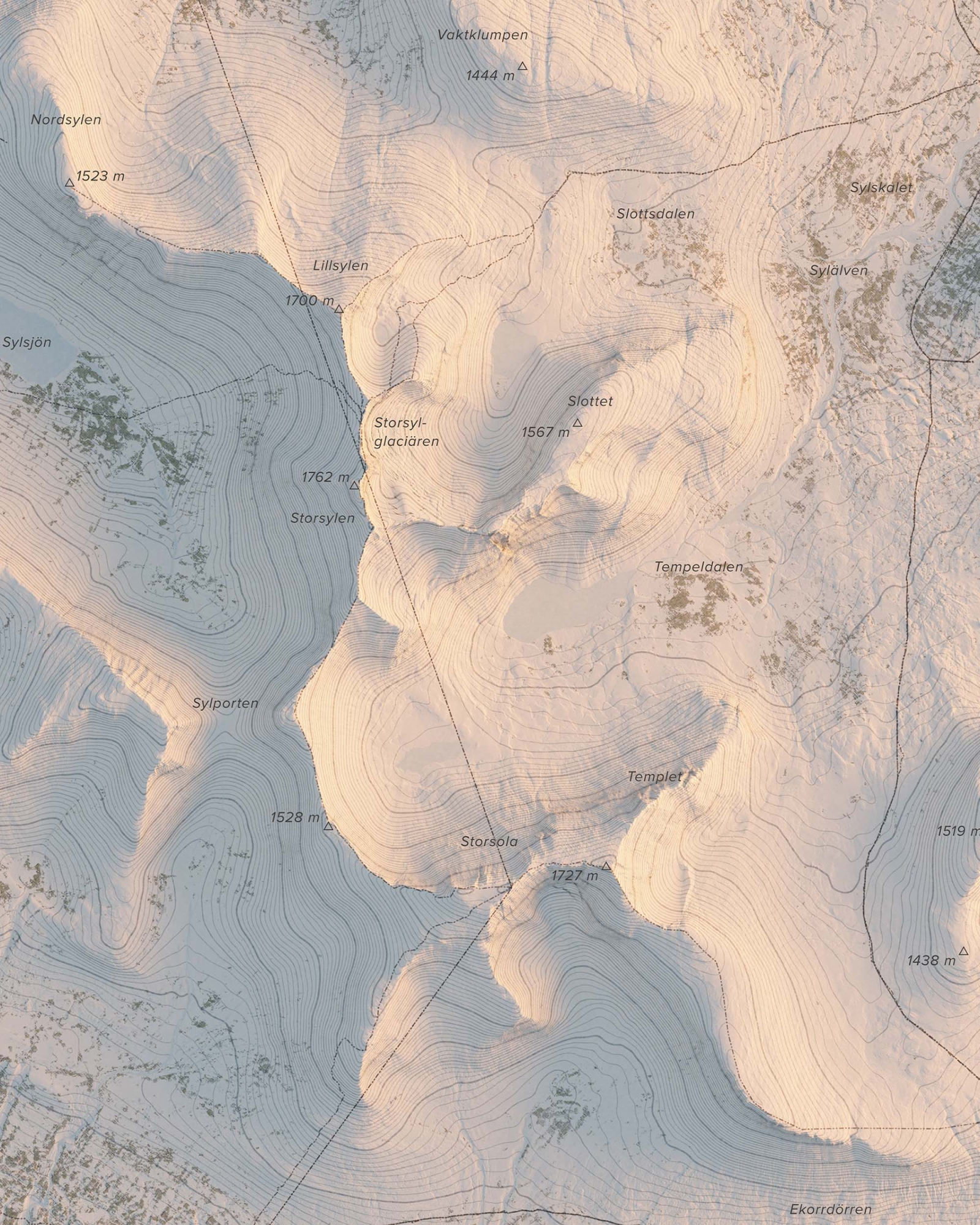 Topografisk fjällkarta över Sylarna i morgonljus, detaljbild