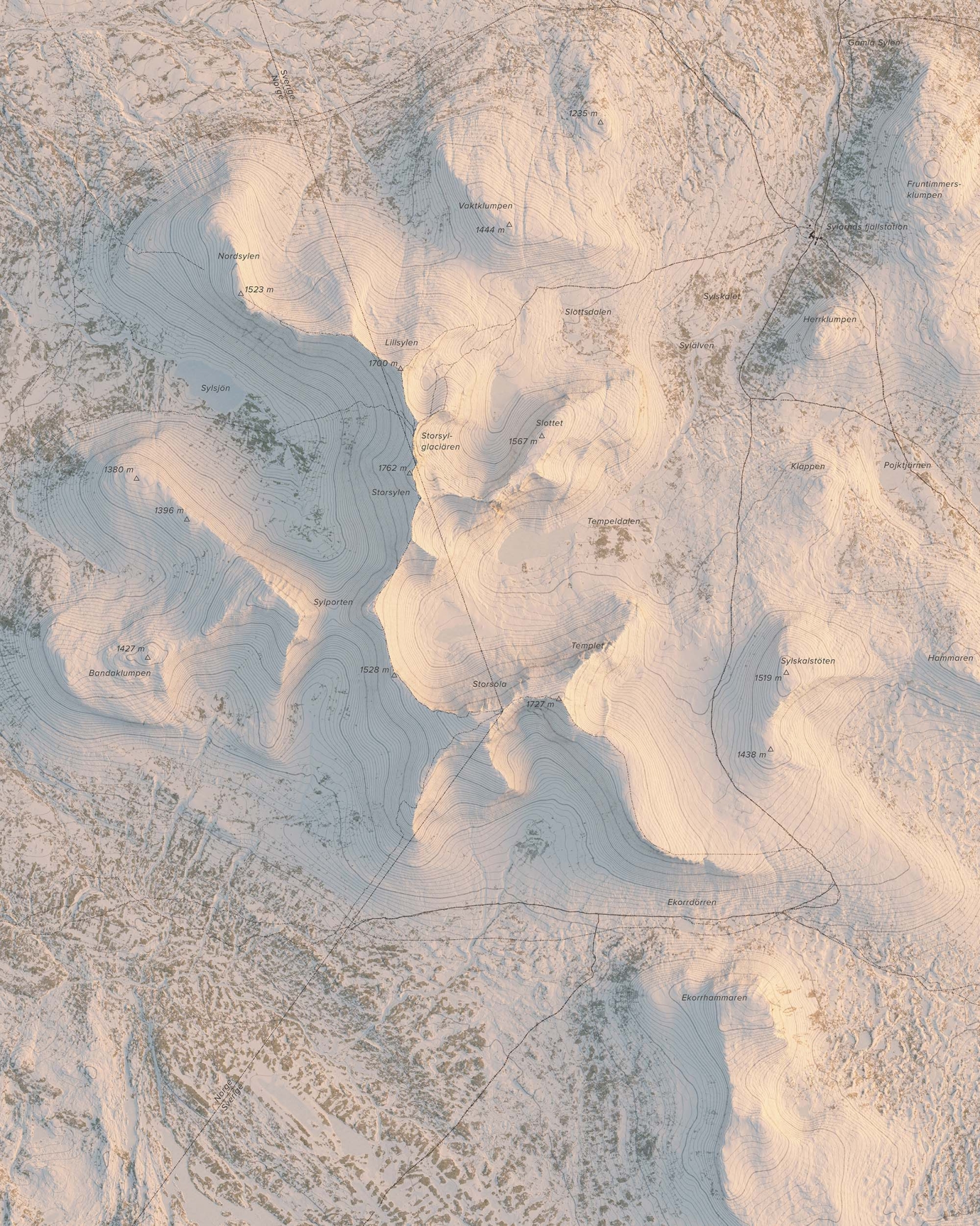 Topografisk fjällkarta över Sylarna i morgonljus, detaljbild