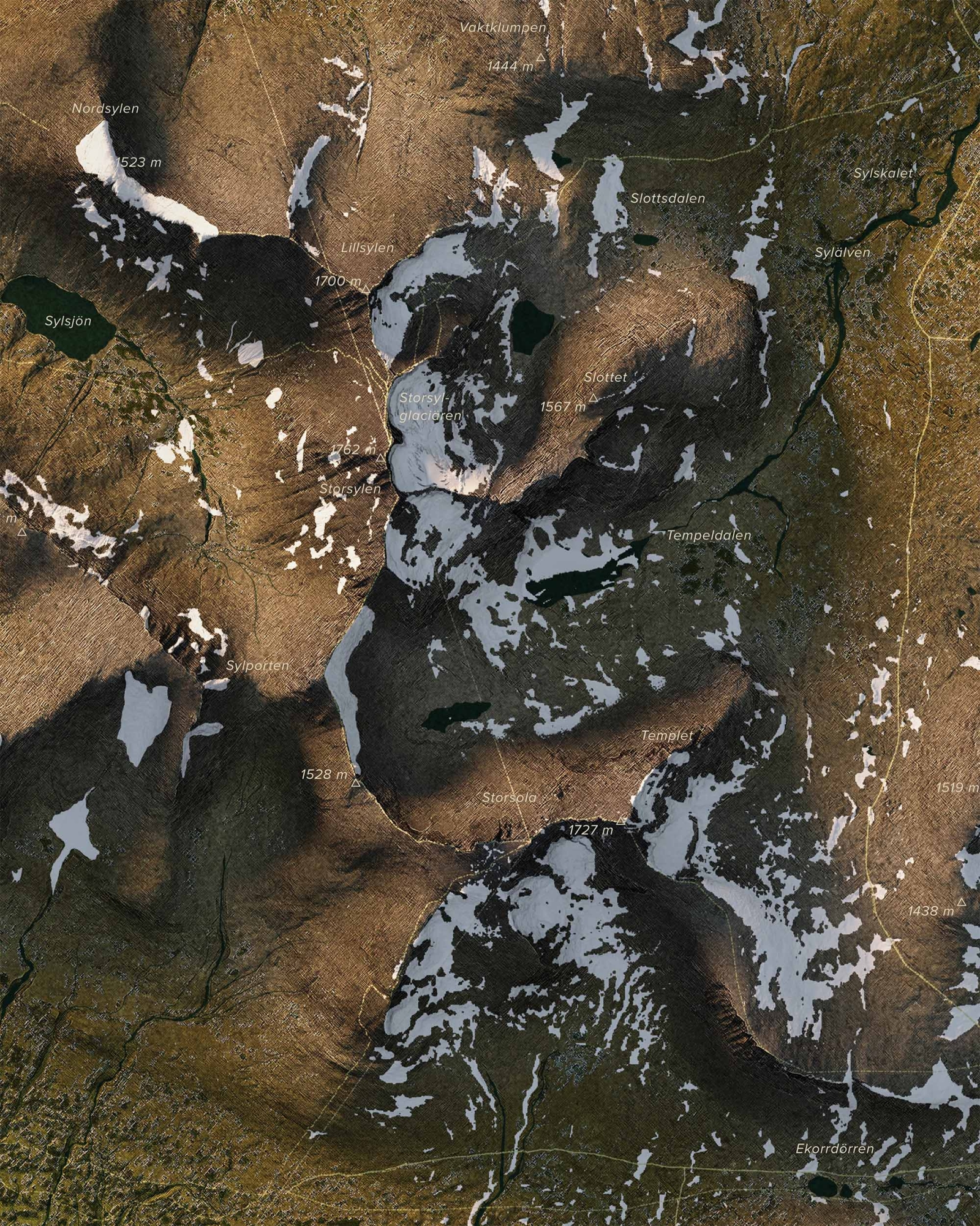 Topografisk karta över Sylarna i dagsljus, detaljbild