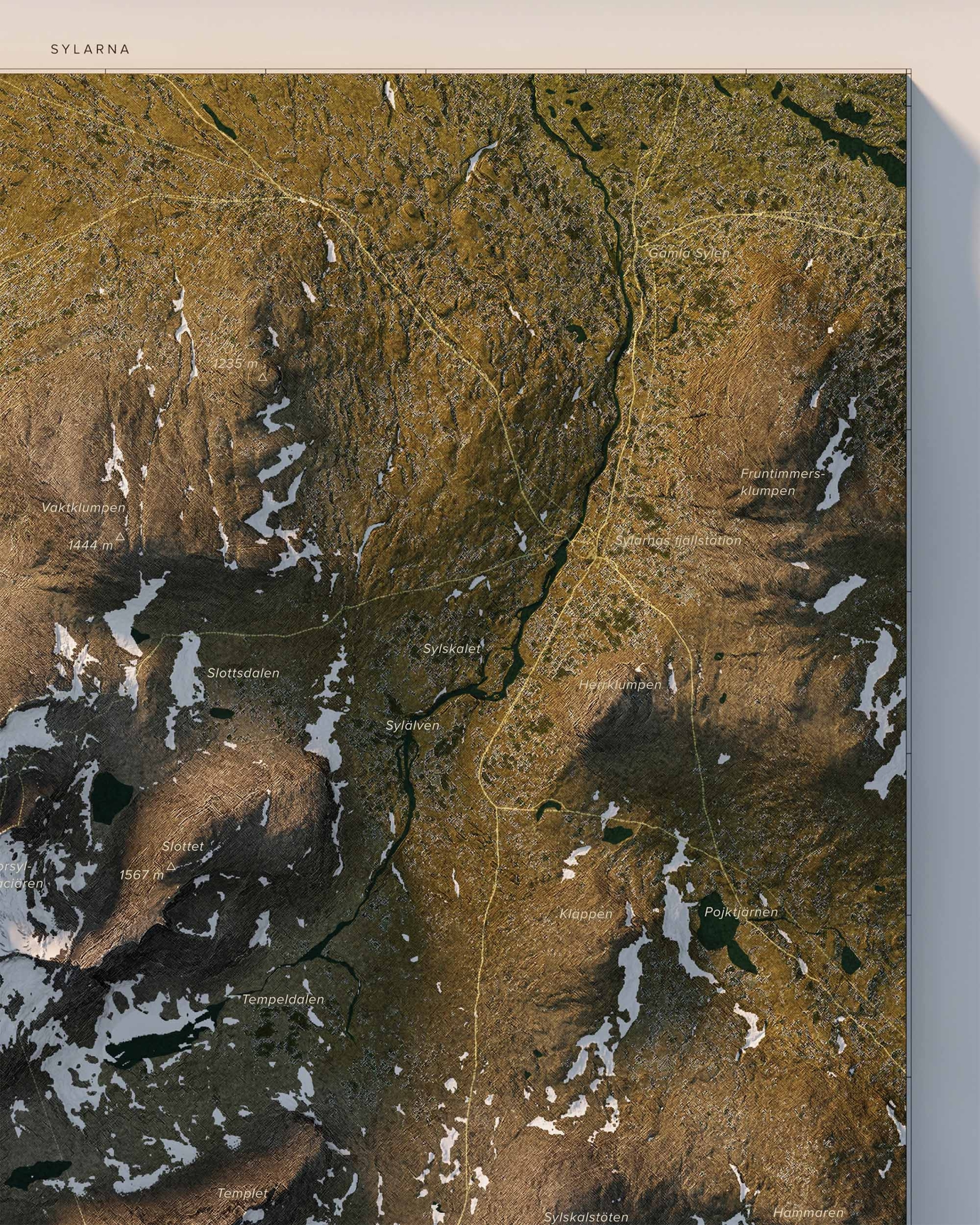 Topografisk karta över Sylarna i dagsljus, detaljbild