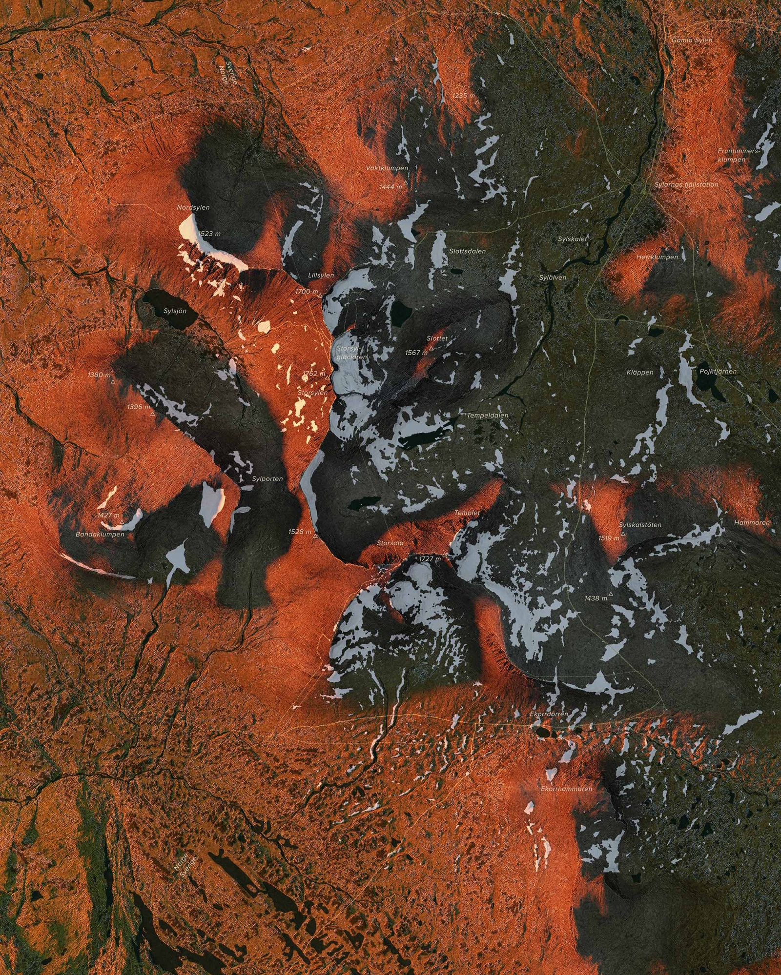 Topografisk karta över Sylarna i kvällsljus, detaljbild