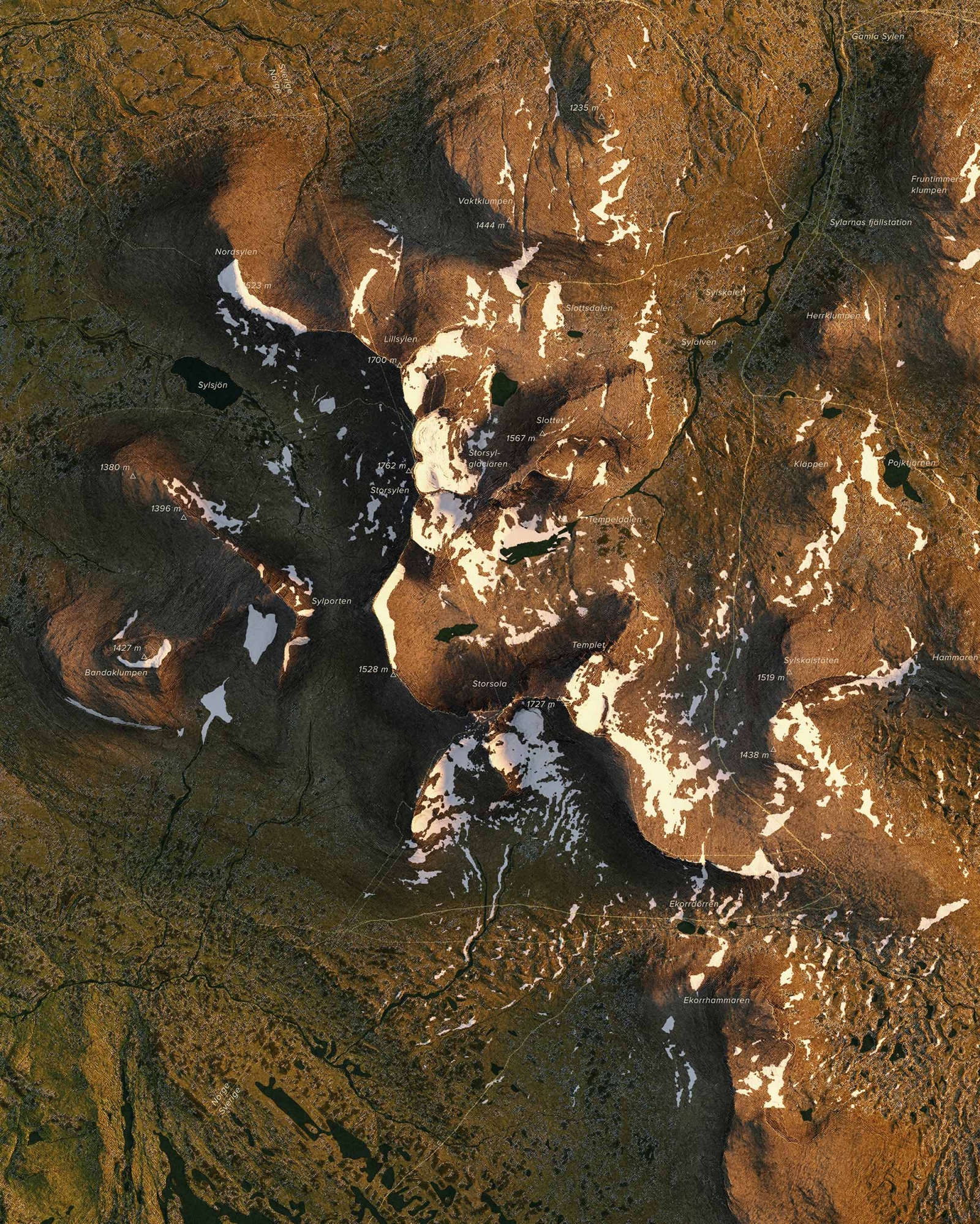 Topografisk karta över Sylarna i morgonljus, detaljbild