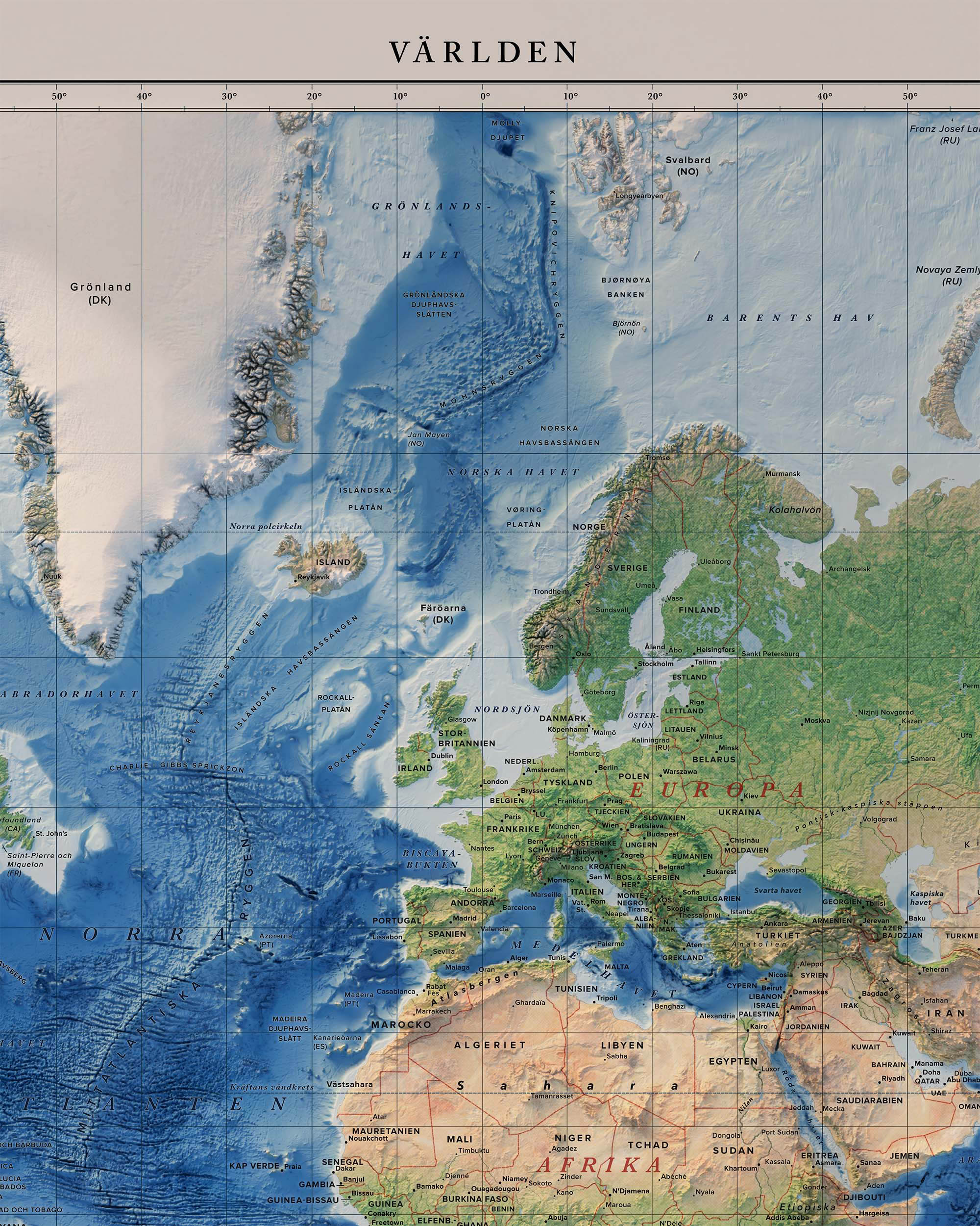 Världskarta, topografi och batymetri, detaljbild