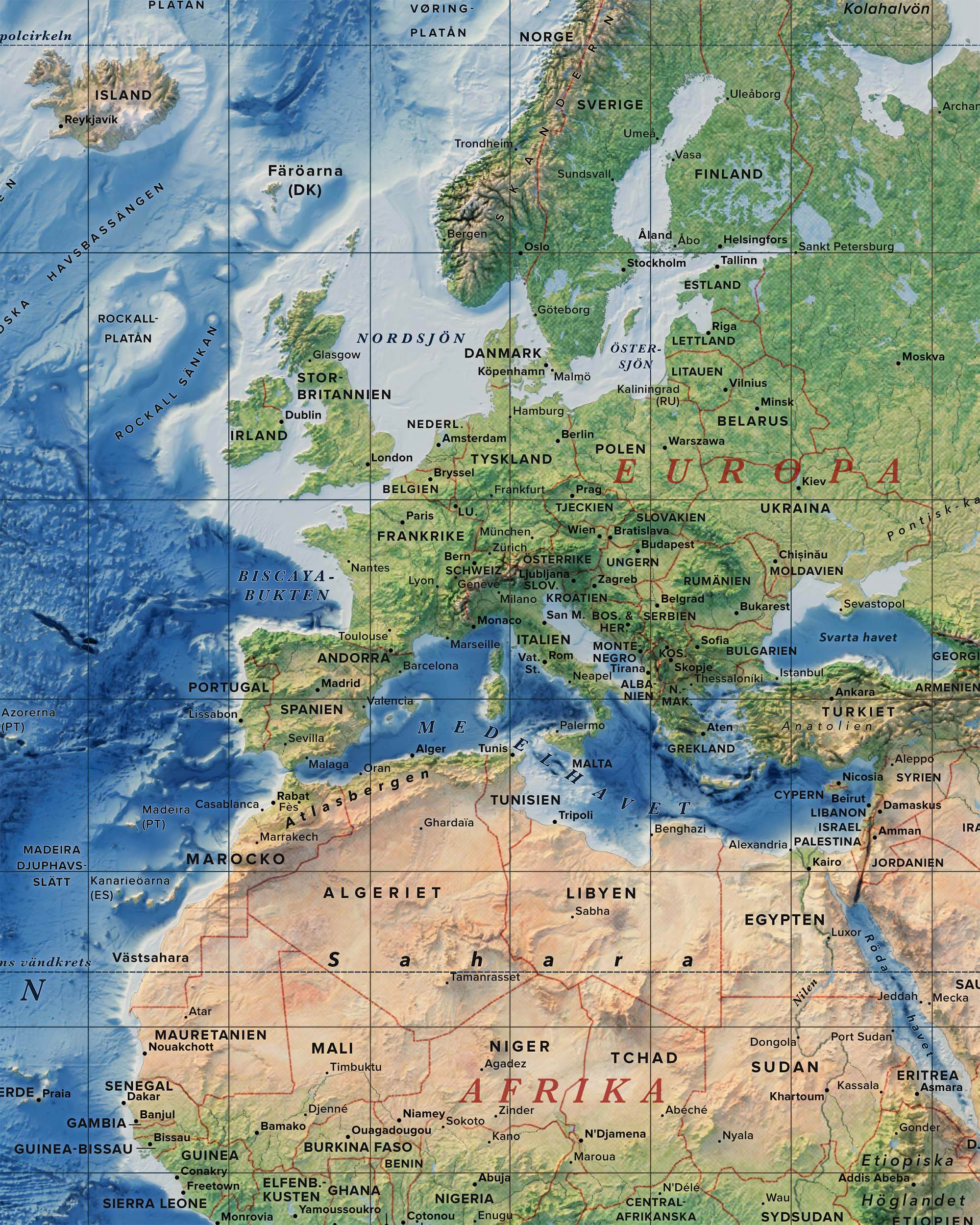 Världskarta, topografi och batymetri, detaljbild