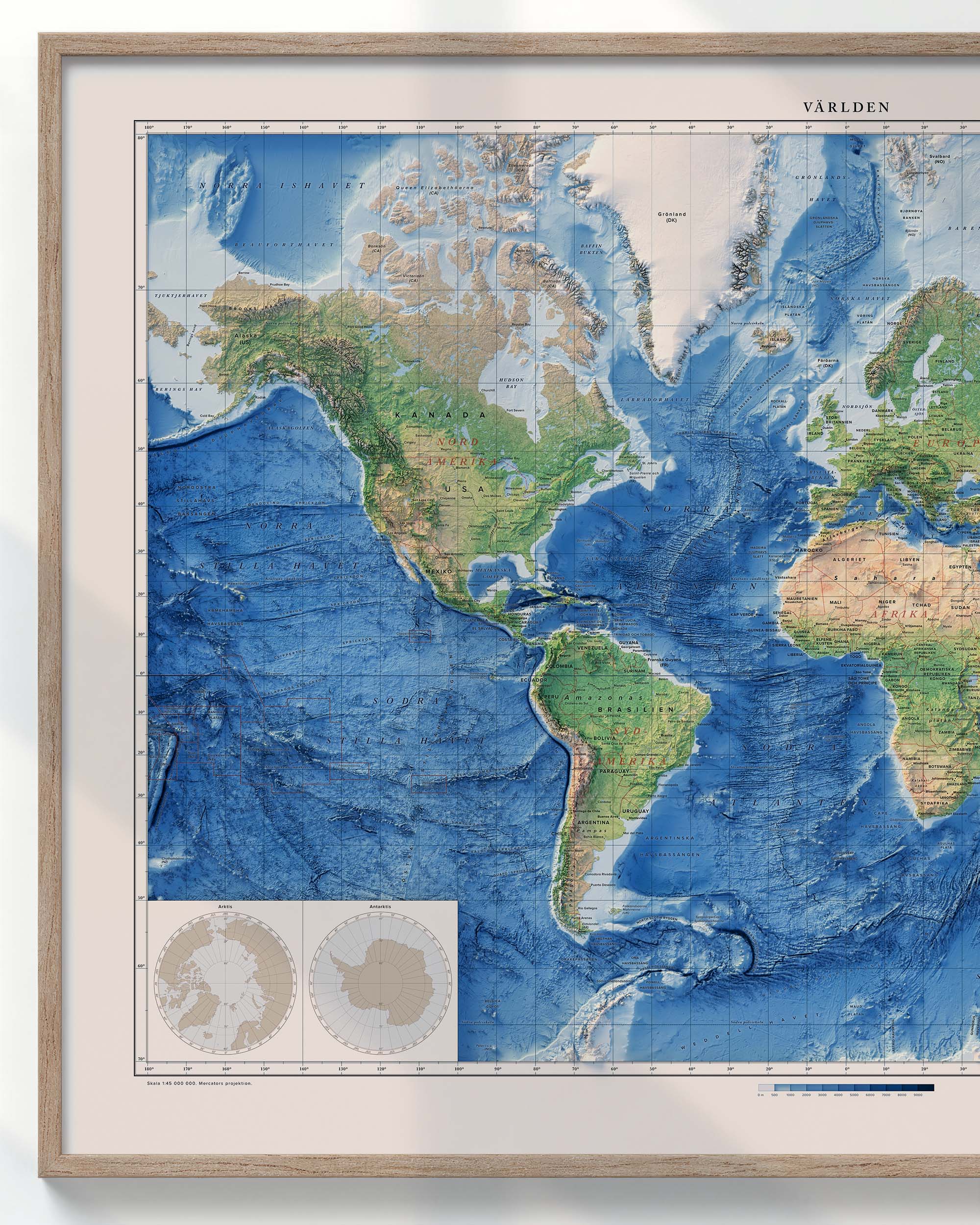 Världskarta, topografi och batymetri, detaljbild