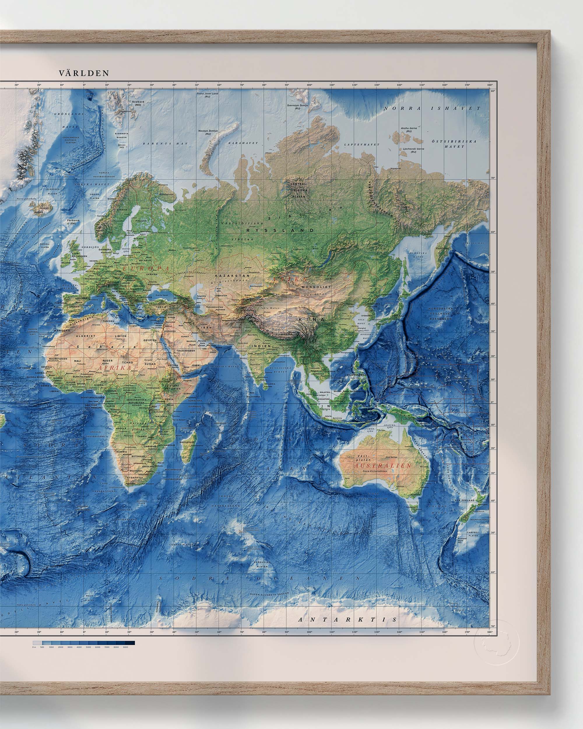 Världskarta, topografi och batymetri, detaljbild