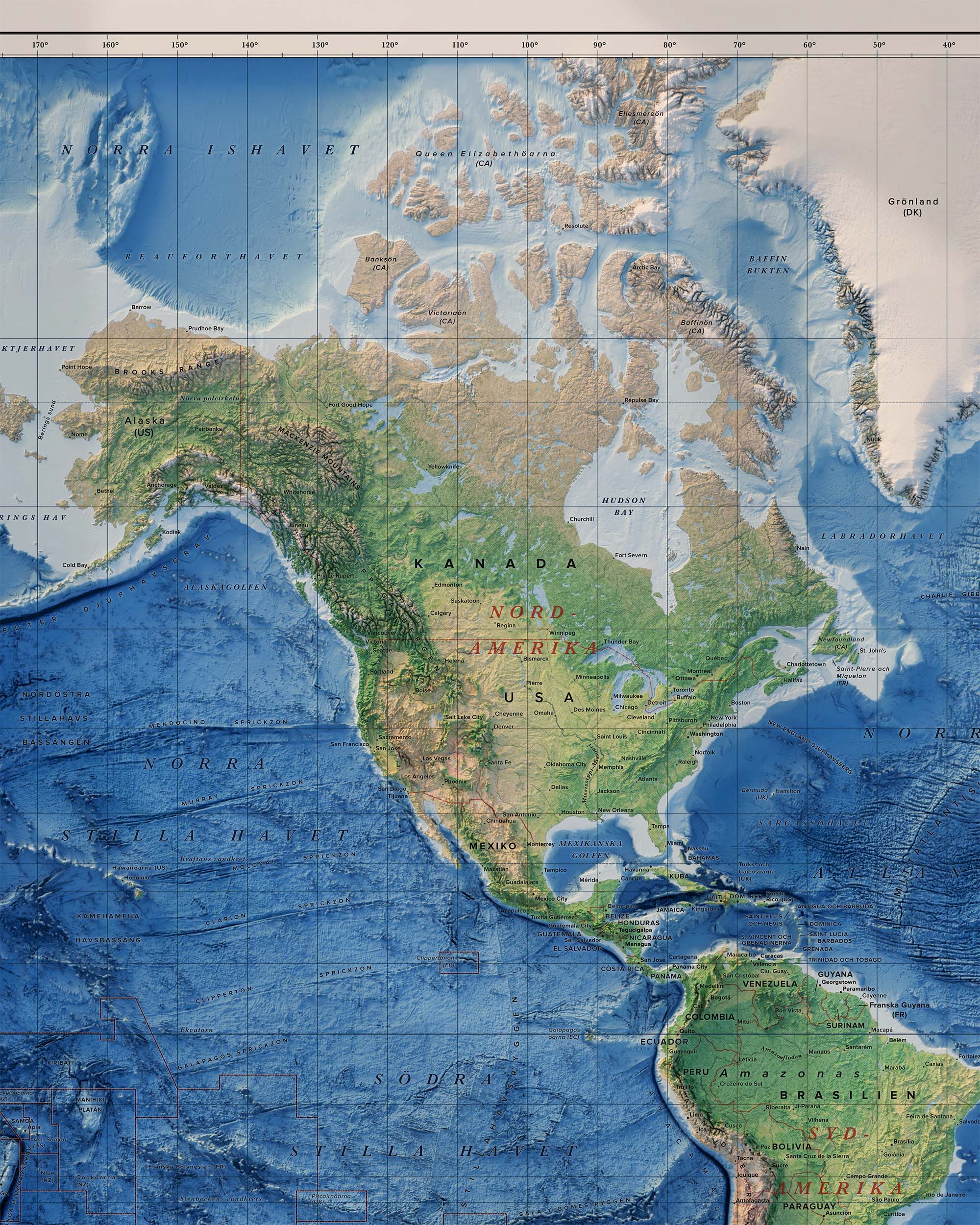 Världskarta, topografi och batymetri, detaljbild