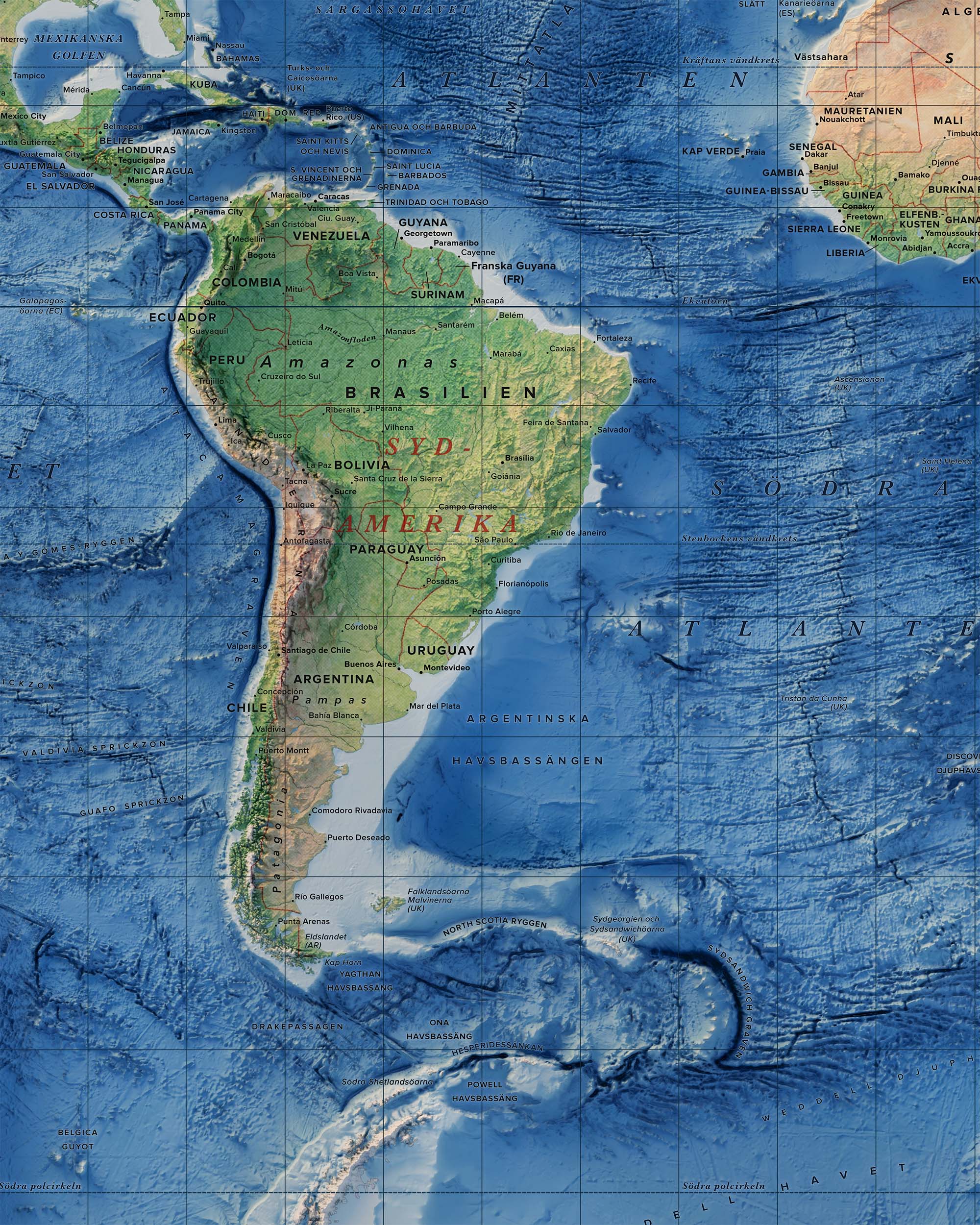 Världskarta, topografi och batymetri, detaljbild