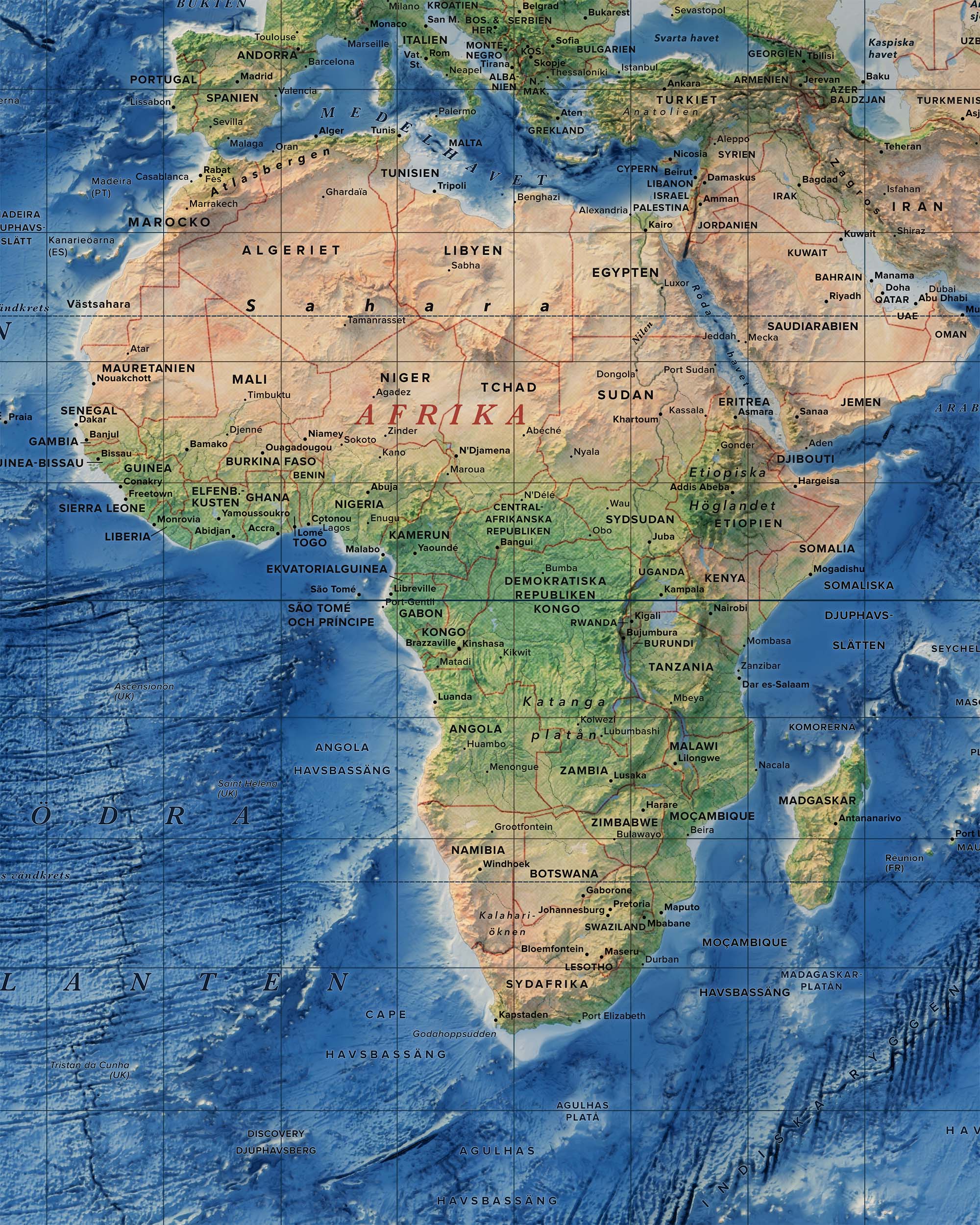 Världskarta, topografi och batymetri, detaljbild