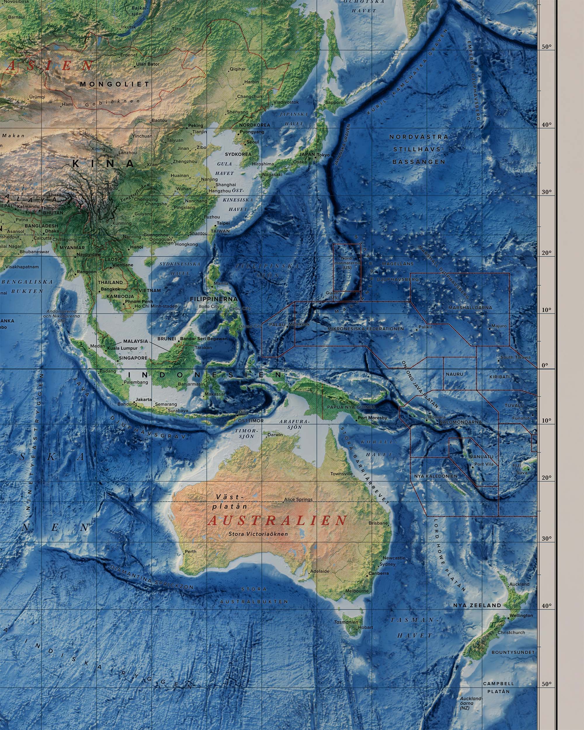 Världskarta, topografi och batymetri, detaljbild