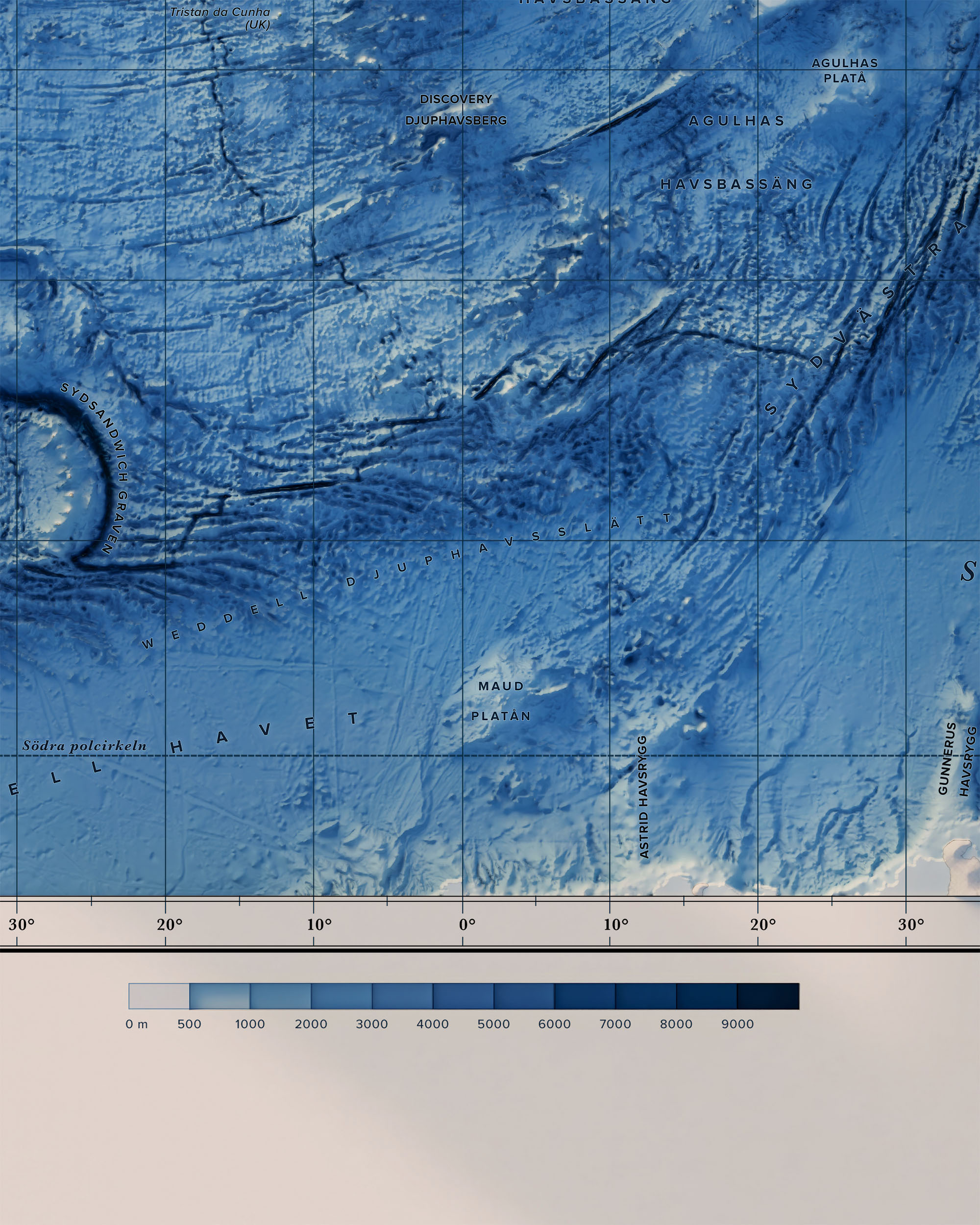 Världskarta, topografi och batymetri, detaljbild