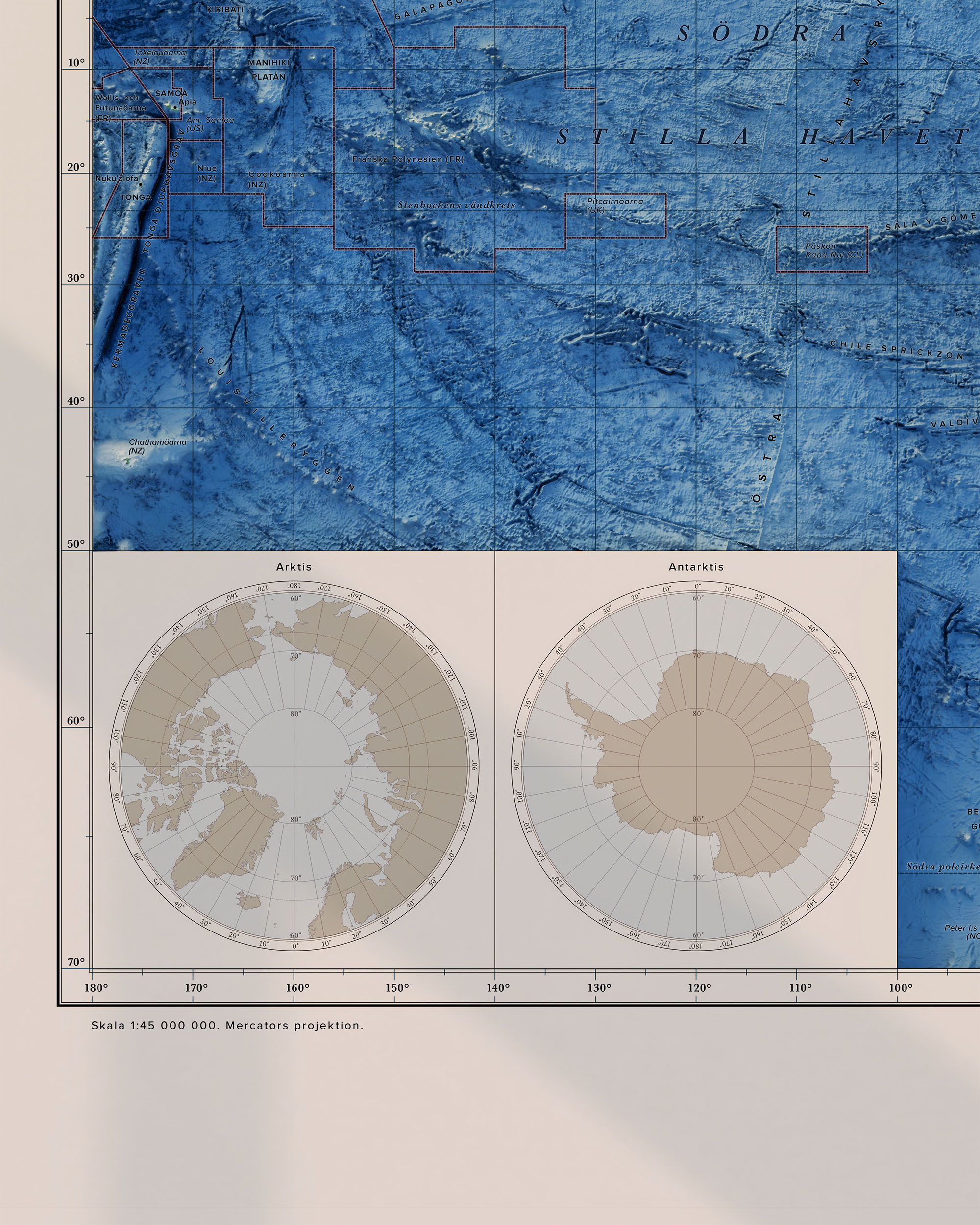 Världskarta, topografi och batymetri, detaljbild