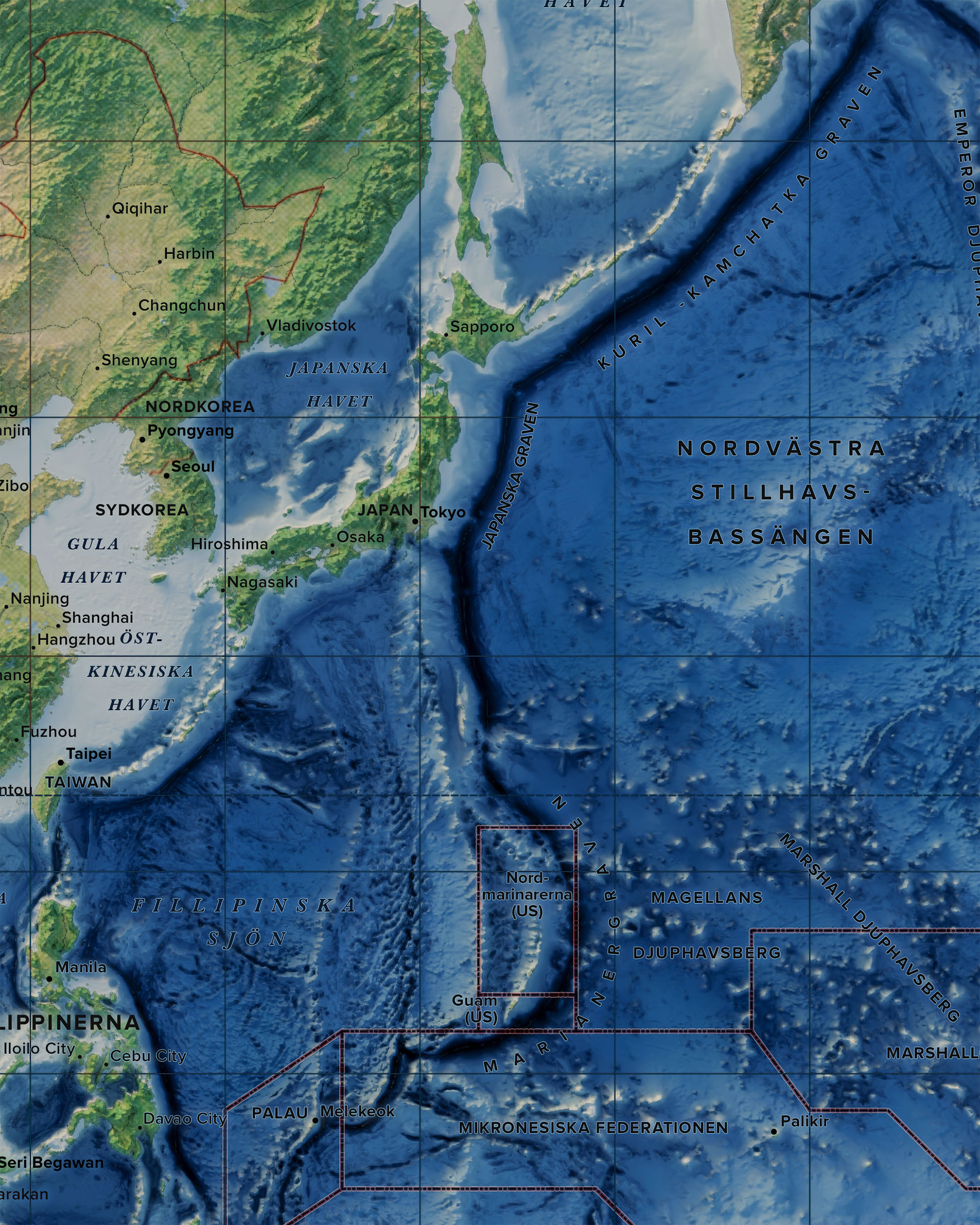 Världskarta, topografi och batymetri, detaljbild