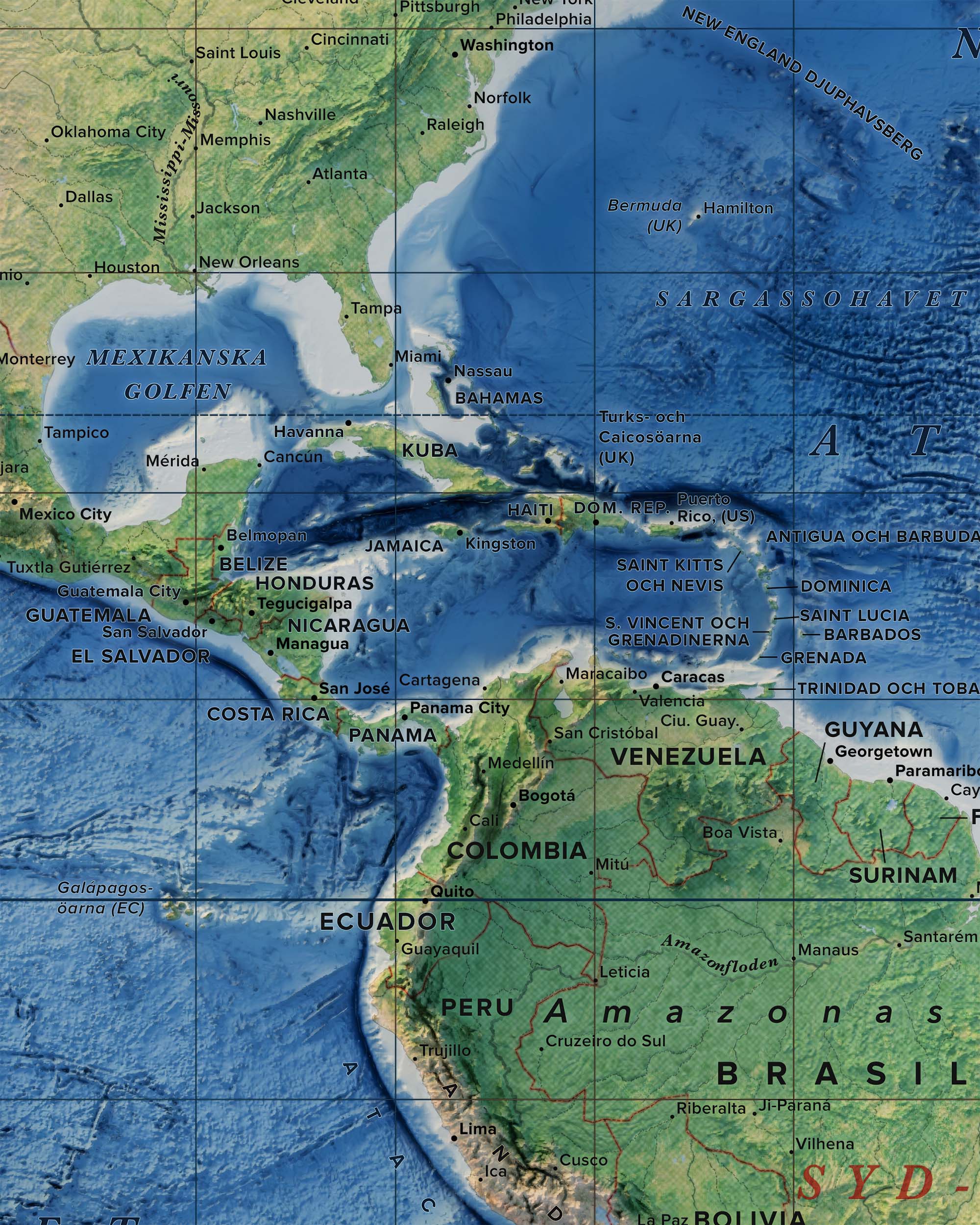 Världskarta, topografi och batymetri, detaljbild