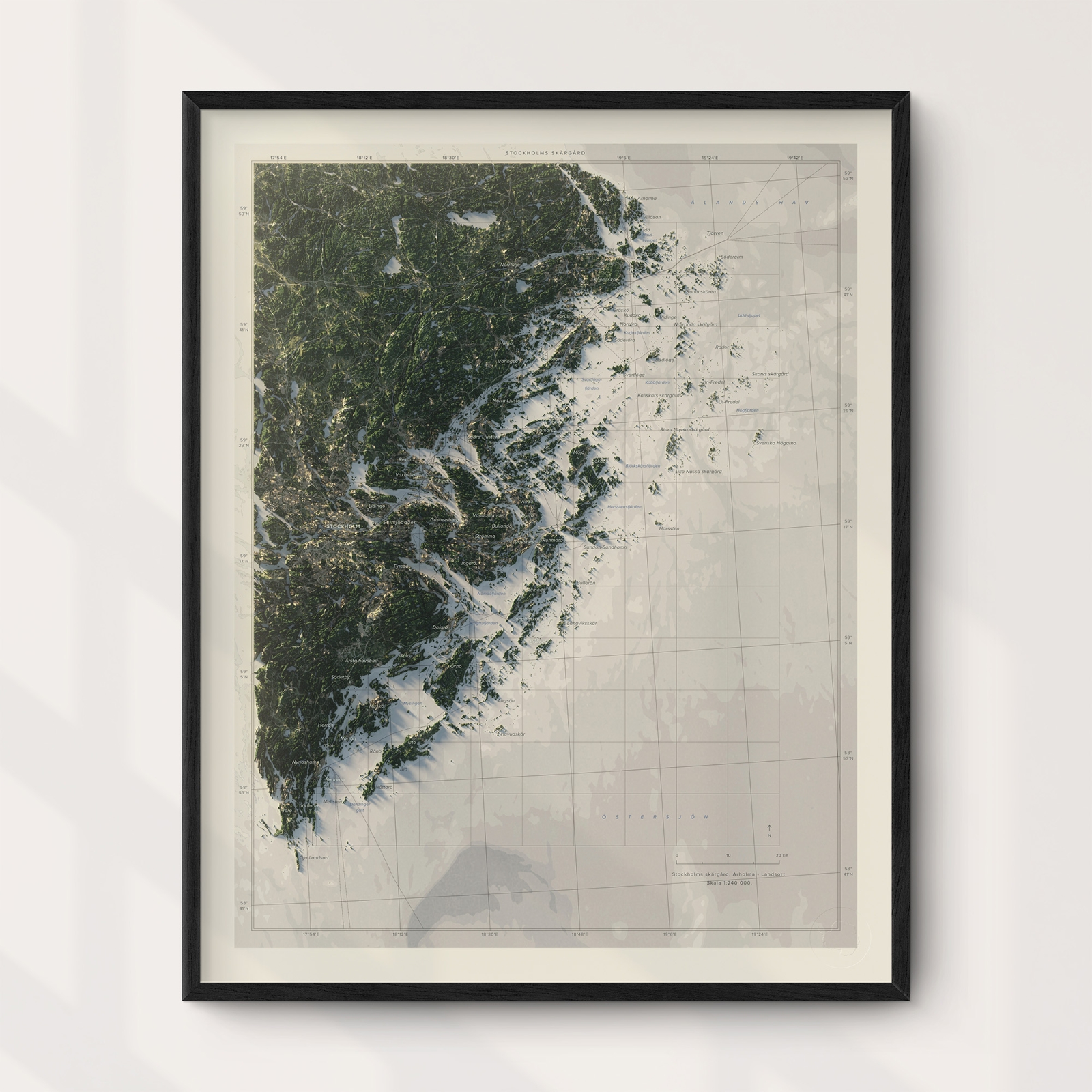 Topografisk karta över Stockholms skärgård, dagsljus