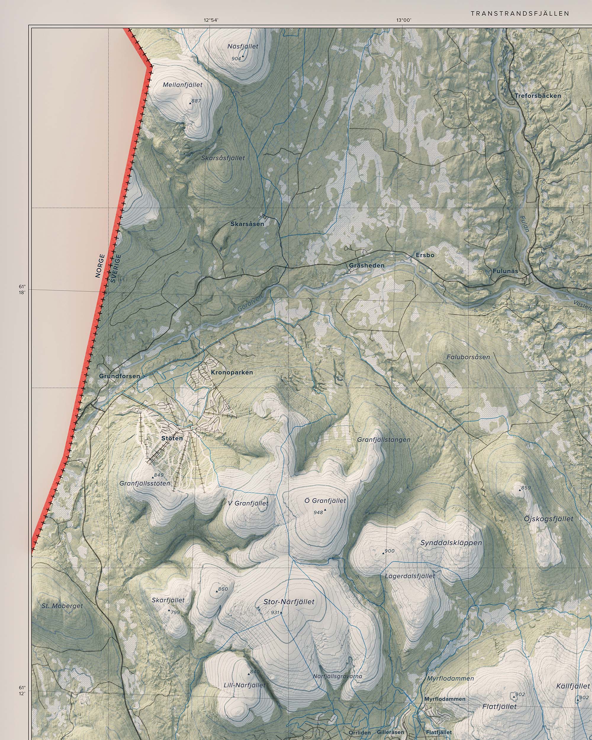 Topografisk karta över Transtrandsfjällen, detalj