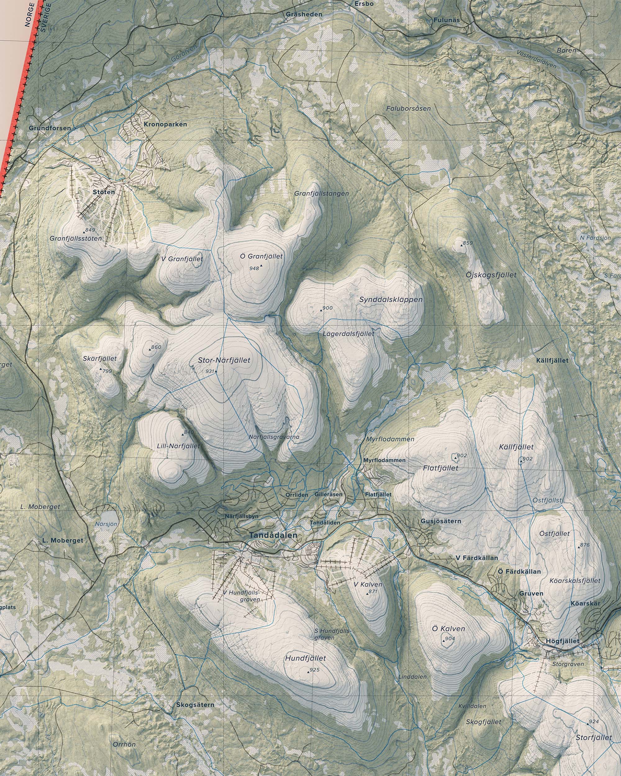 Topografisk karta över Transtrandsfjällen, detalj