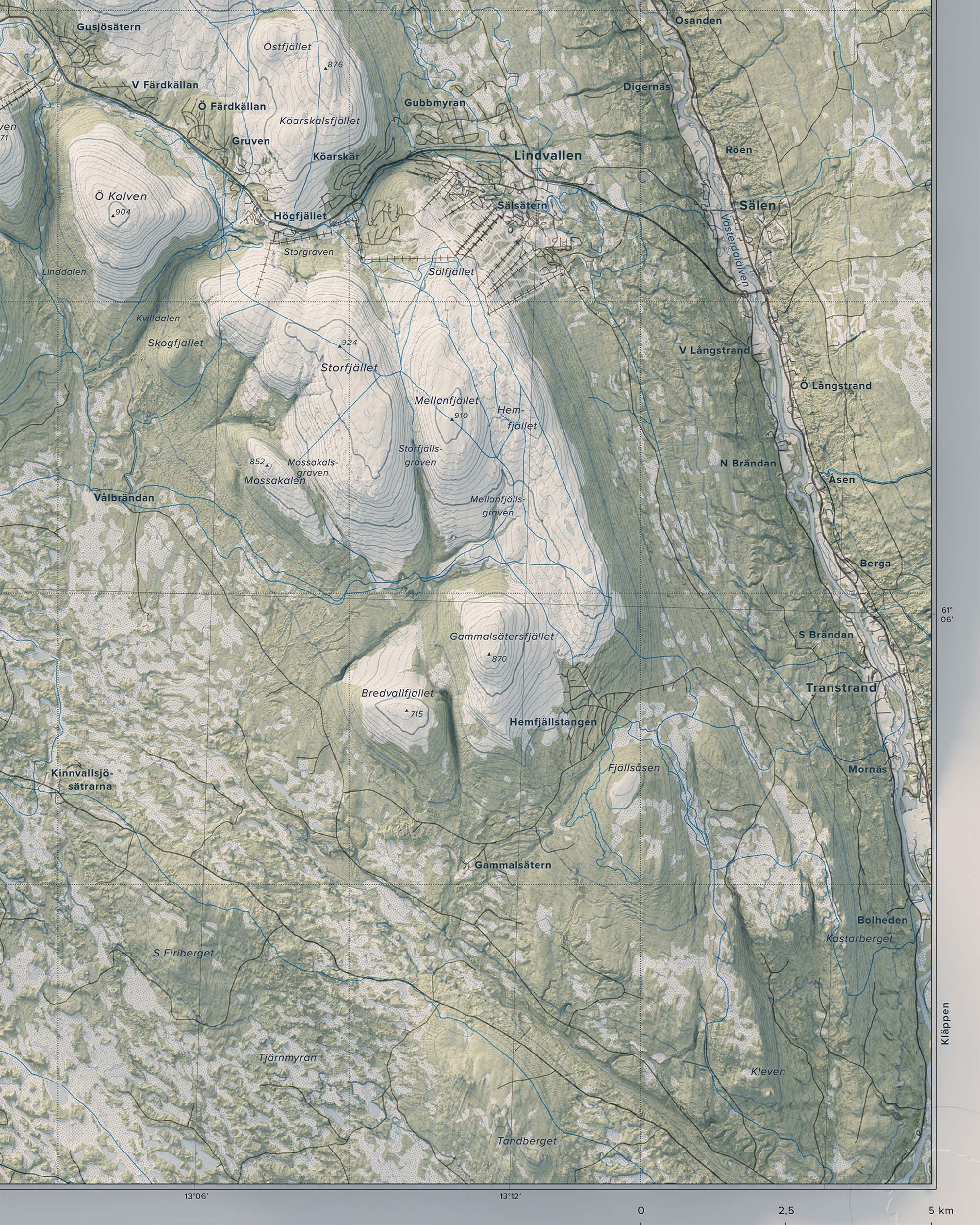 Topografisk karta över Transtrandsfjällen, detalj
