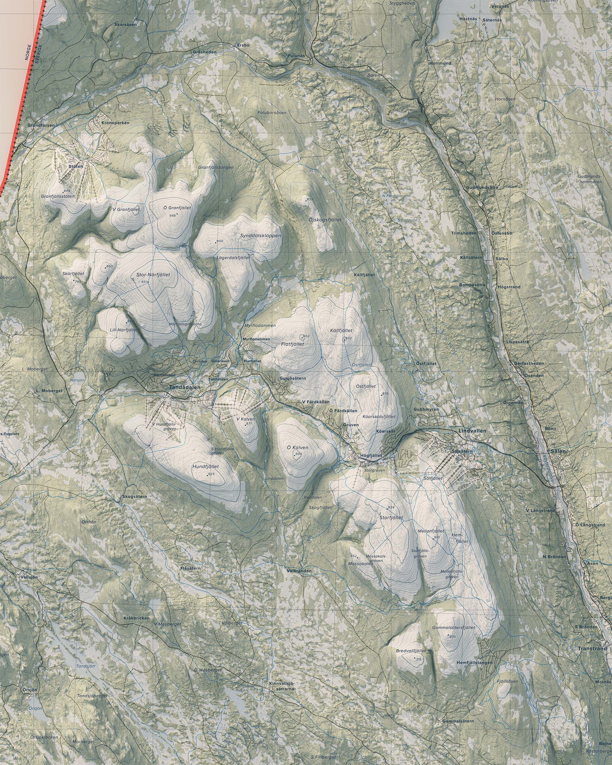 Topografisk karta över Transtrandsfjällen, detalj
