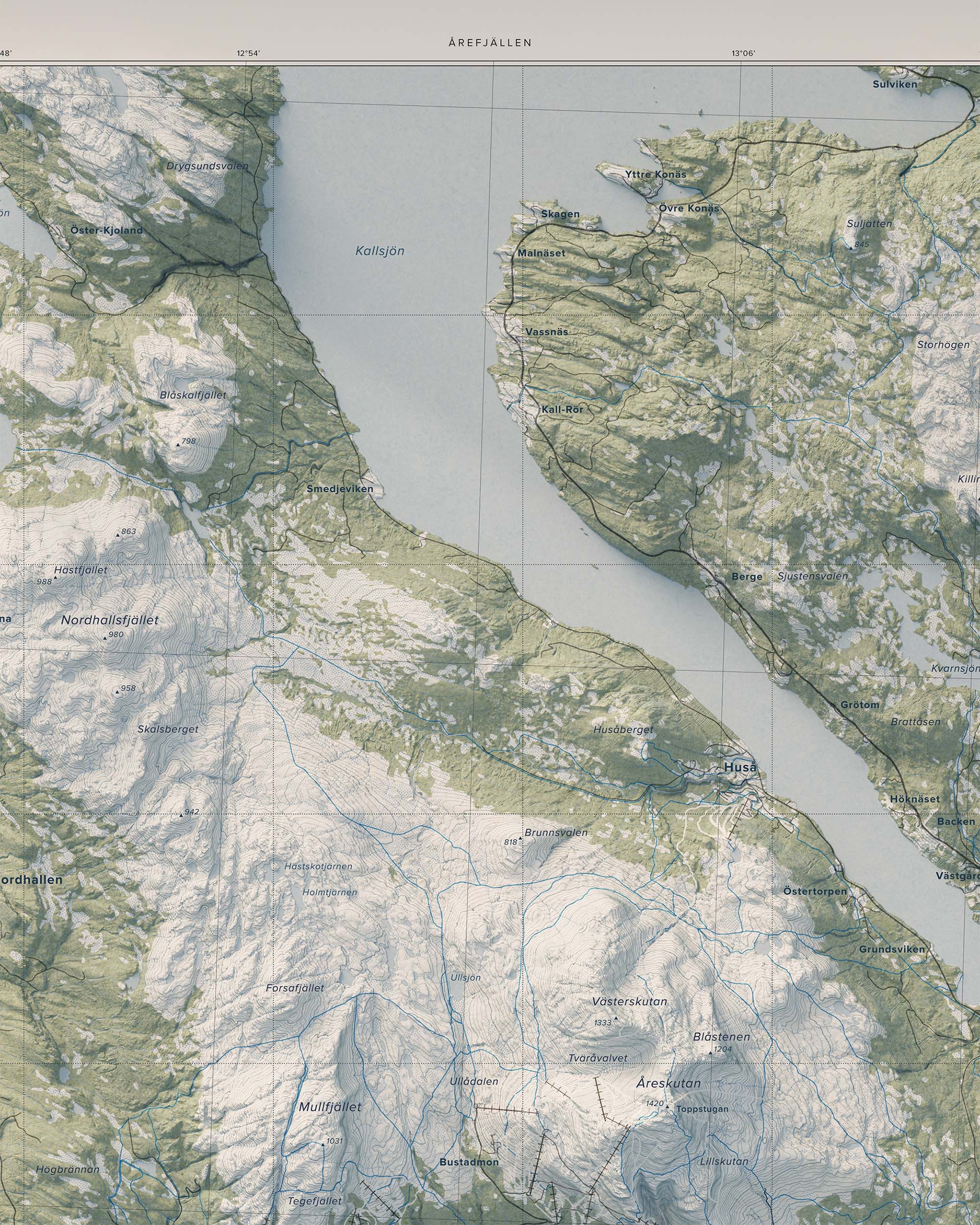 Topografisk översiktskarta över Årefjällen, detalj