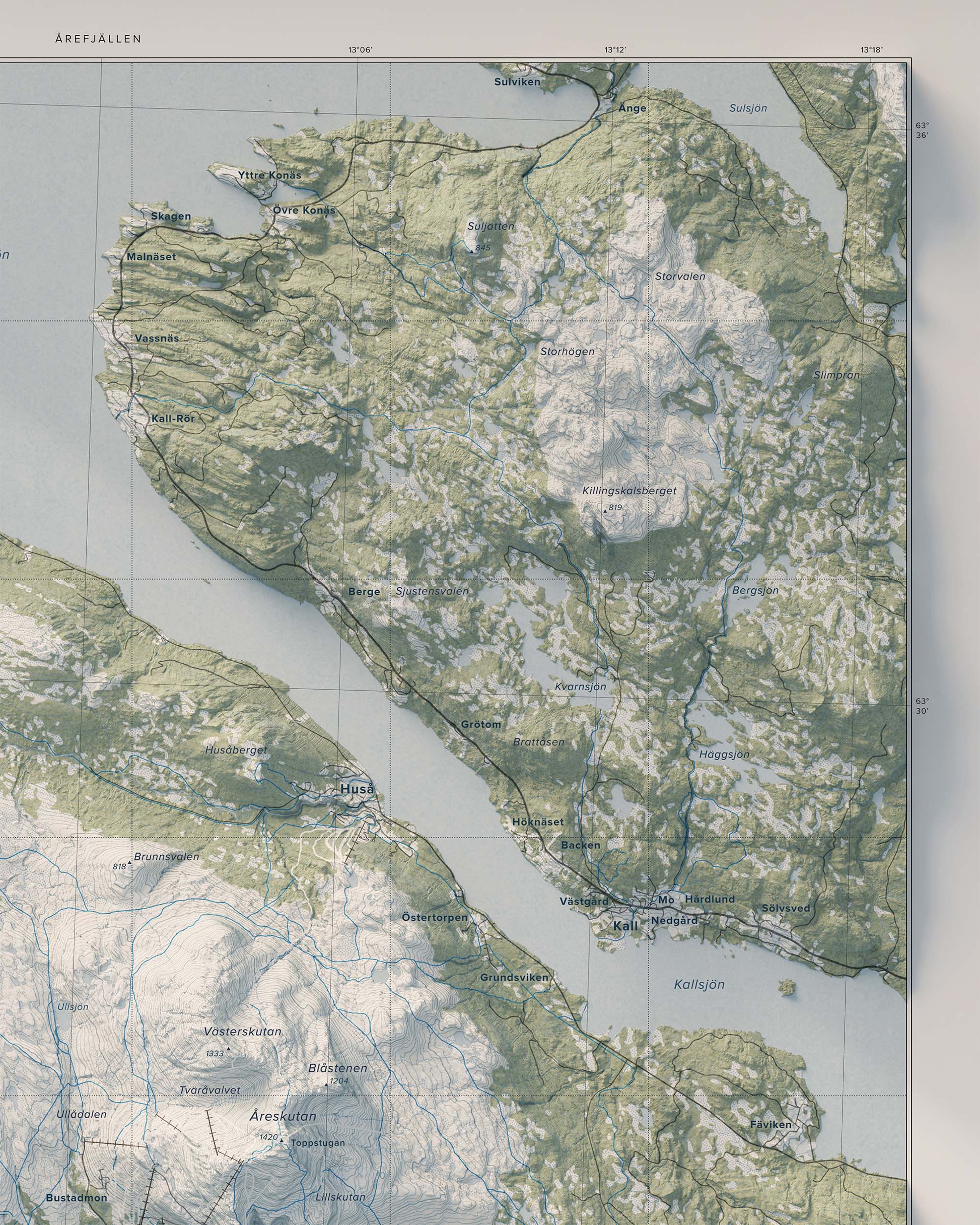 Topografisk översiktskarta över Årefjällen, detalj