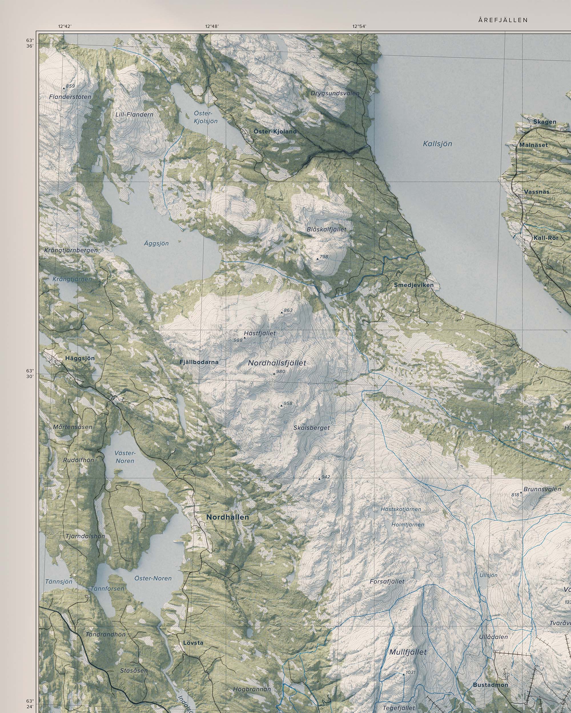 Topografisk översiktskarta över Årefjällen, detalj