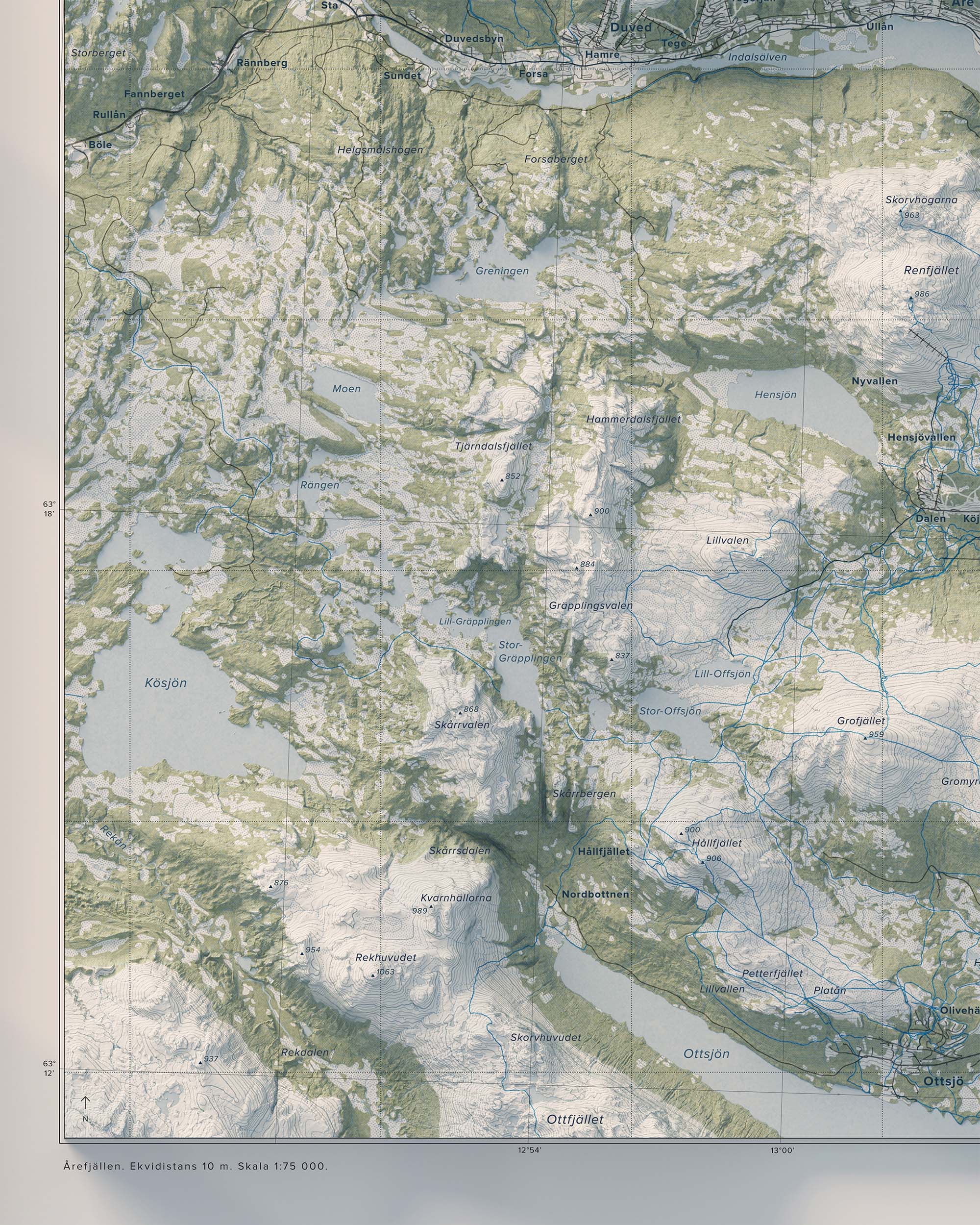 Topografisk översiktskarta över Årefjällen, detalj