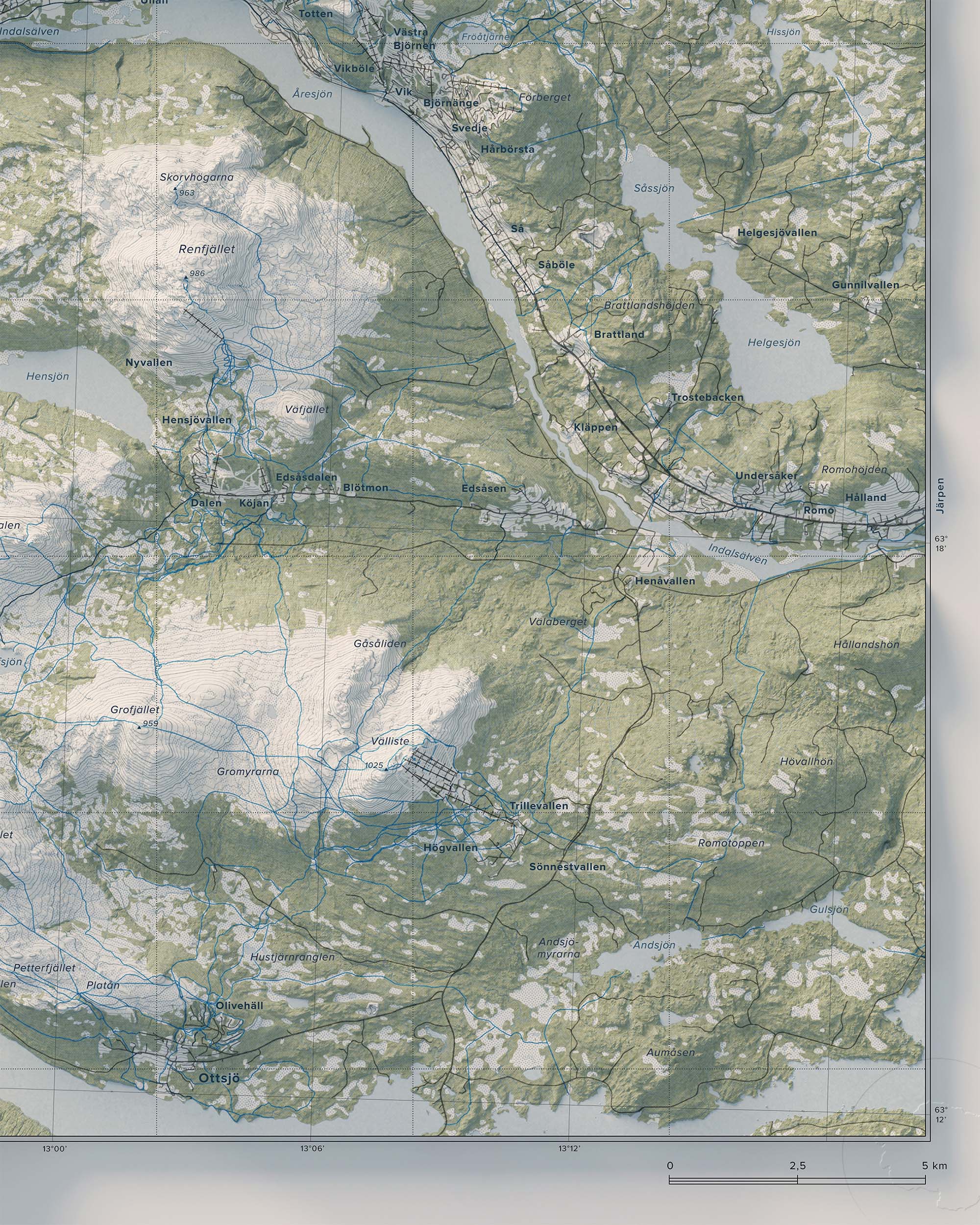 Topografisk översiktskarta över Årefjällen, detalj