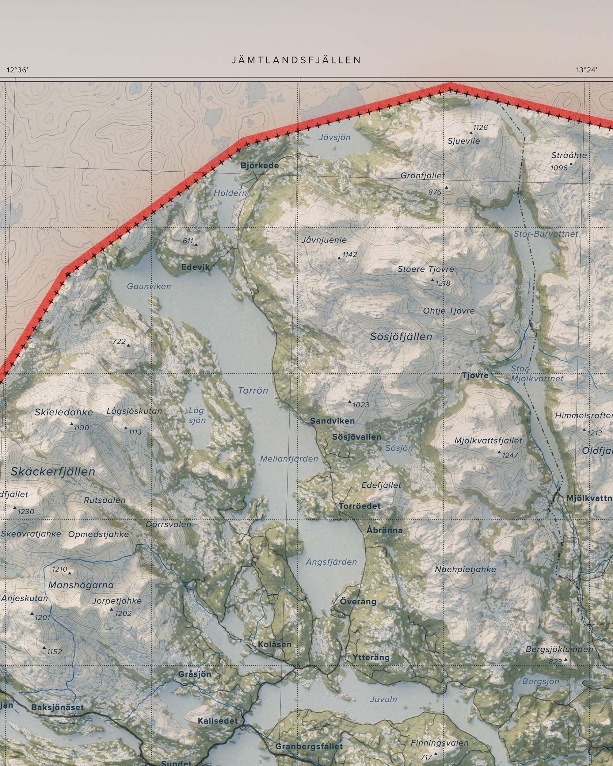 Topografisk översiktskarta över Jämtlandsfjällen, detalj