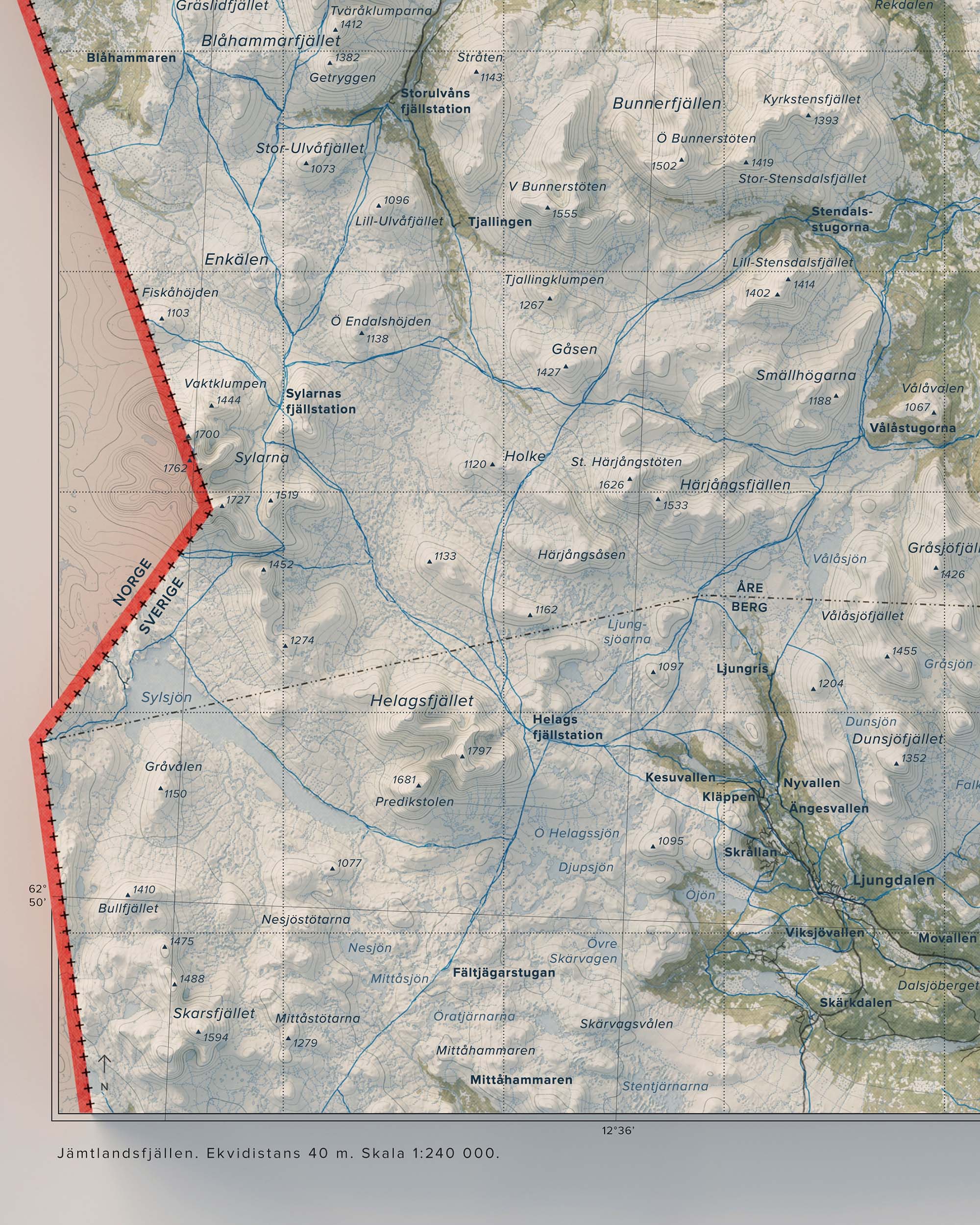 Topografisk översiktskarta över Jämtlandsfjällen, detalj