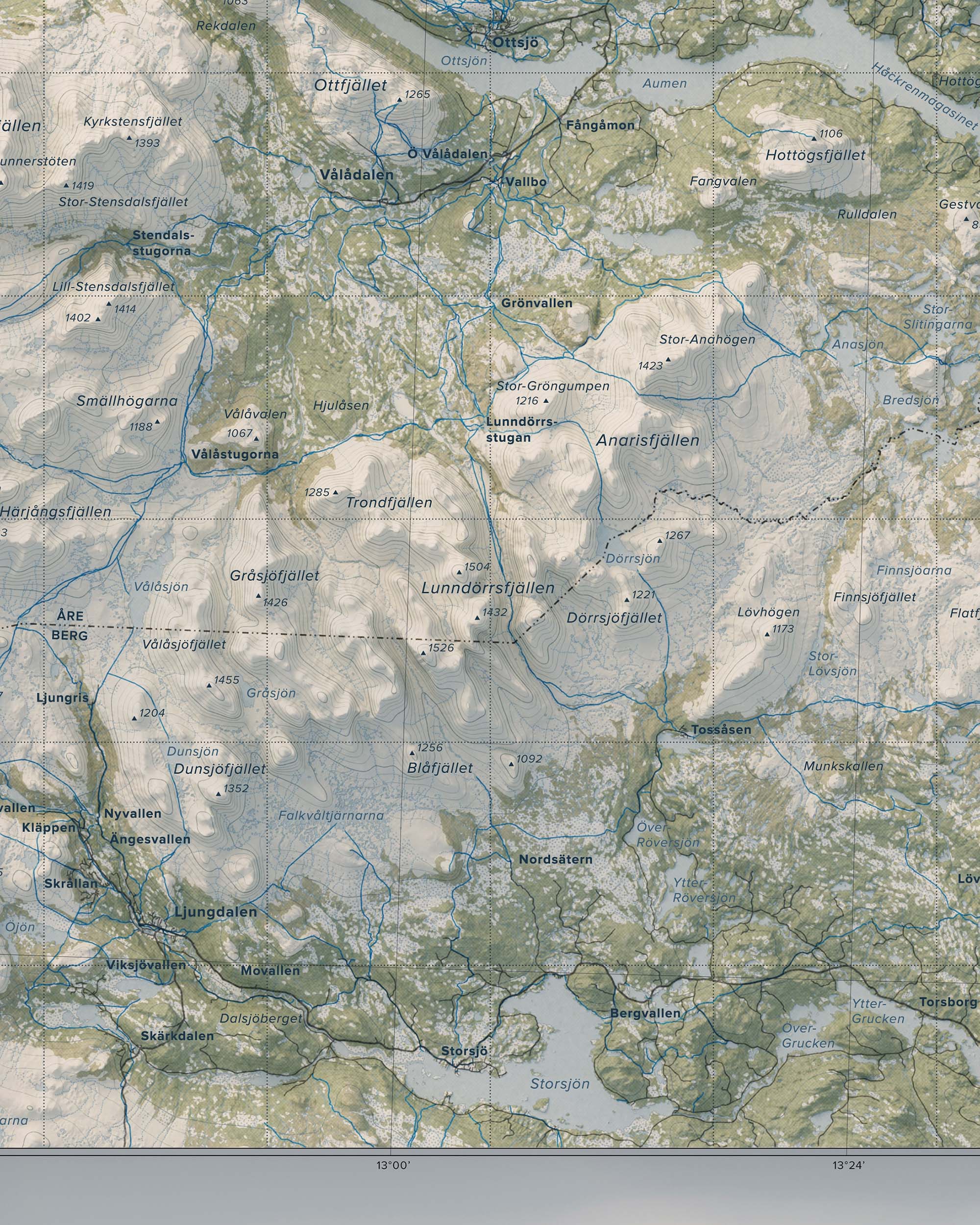 Topografisk översiktskarta över Jämtlandsfjällen, detalj