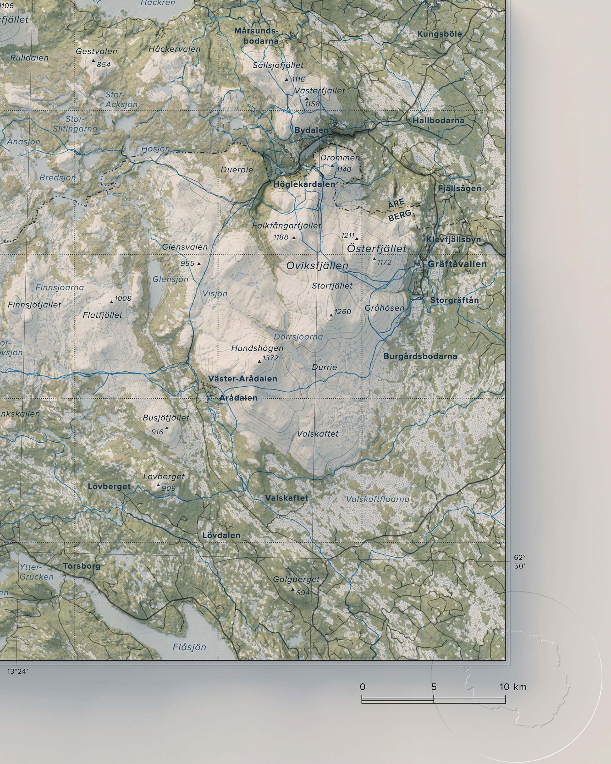 Topografisk översiktskarta över Jämtlandsfjällen, detalj