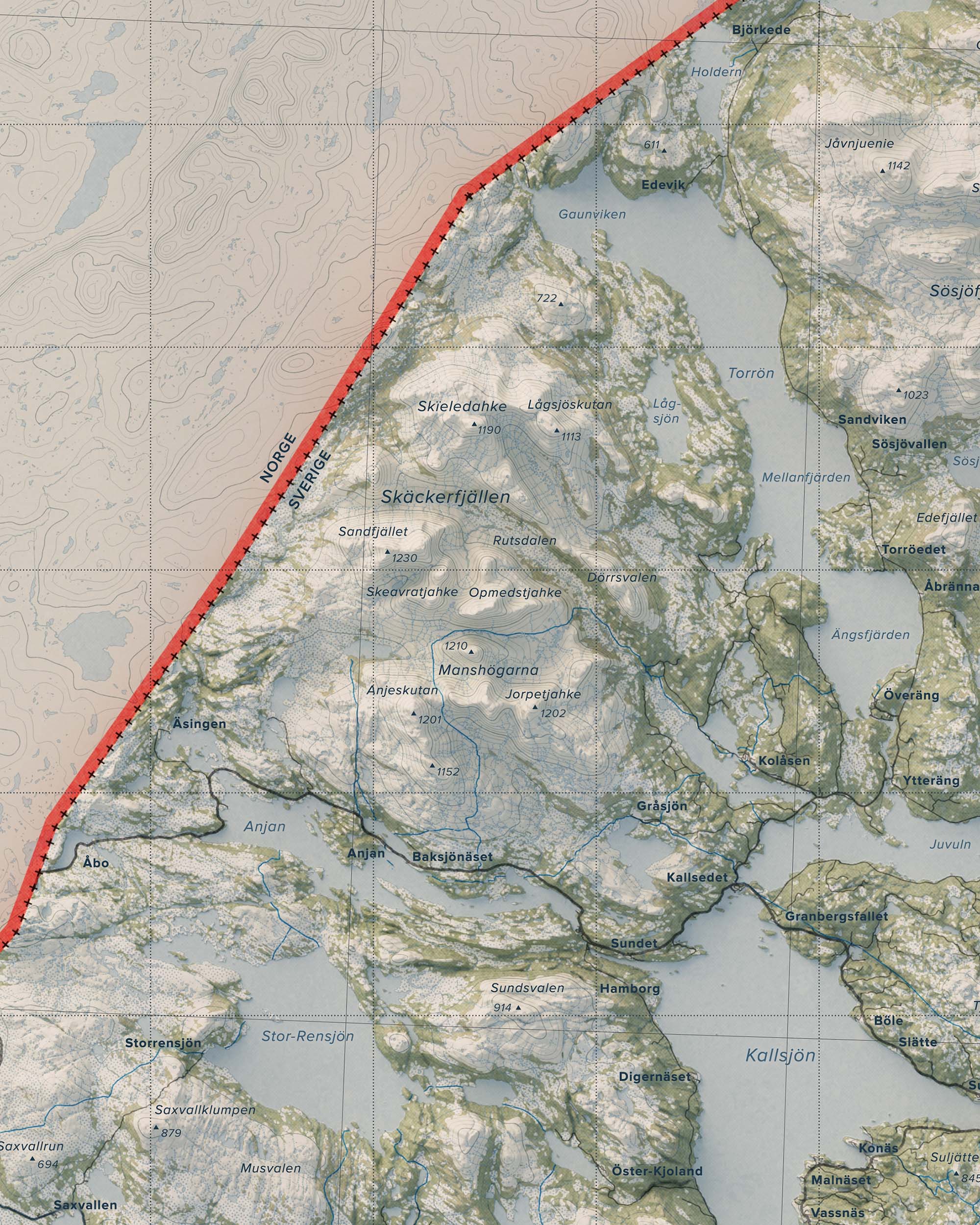 Topografisk översiktskarta över Jämtlandsfjällen, detalj